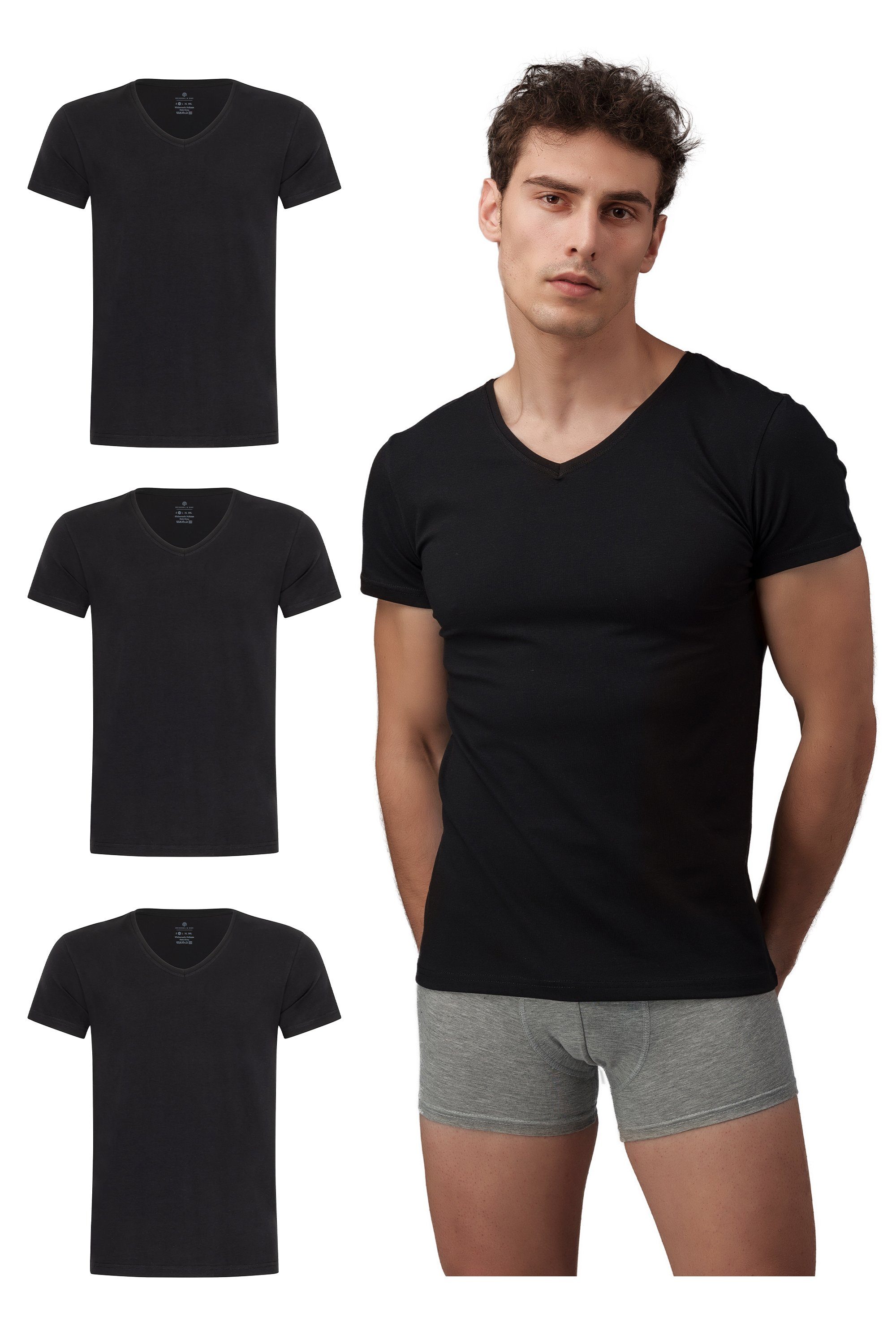 Burnell & Son T-Shirt Unterhemd Unterziehshirt mit Kurzarm und V-Ausschnitt aus Baumwolle (Packung, 3-tlg., 3er-Pack) Schwarz