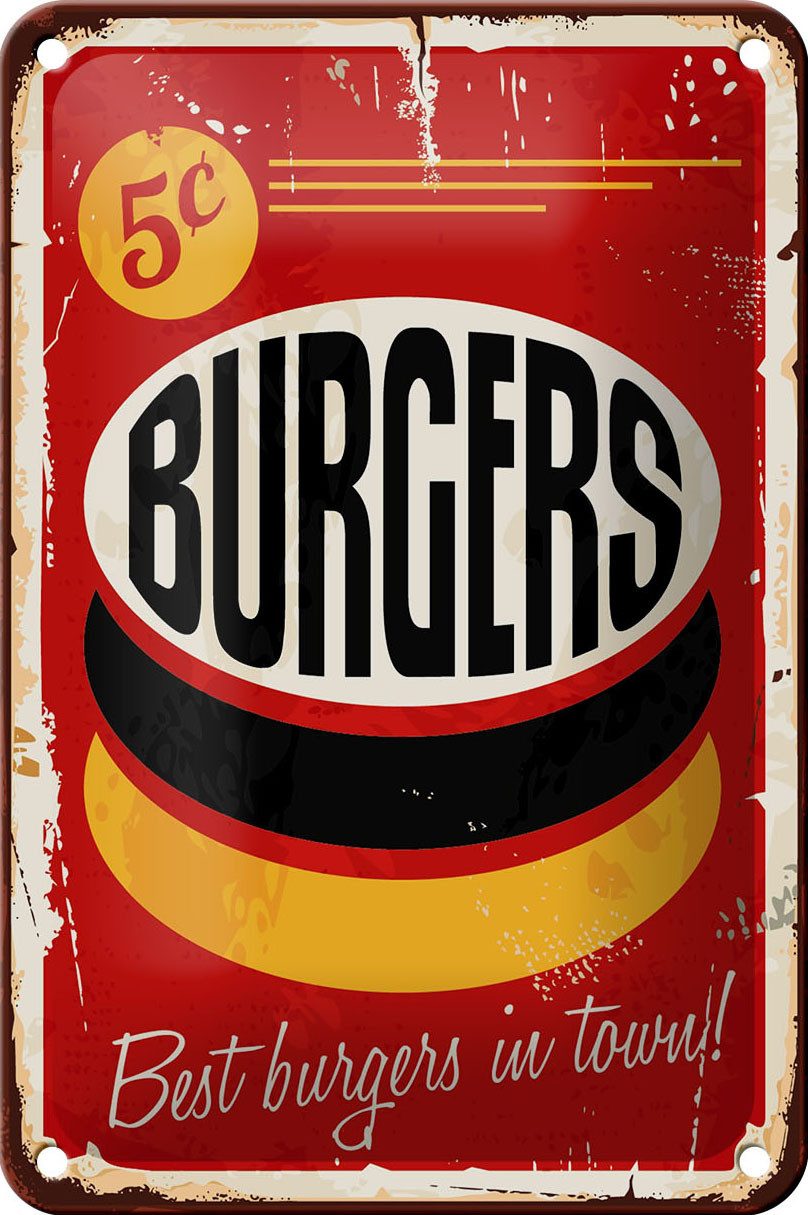 Femer GmbH Metallschild Retro 12x18cm burgers best in town Fast food, (1 St), gewölbte Oberfläche, abgerundete Ecken, umgeschlagene Kanten