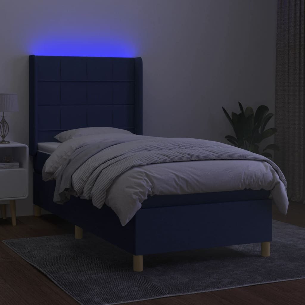 vidaXL Bett Boxspringbett mit Matratze & LED Blau 90x200 cm Stoff