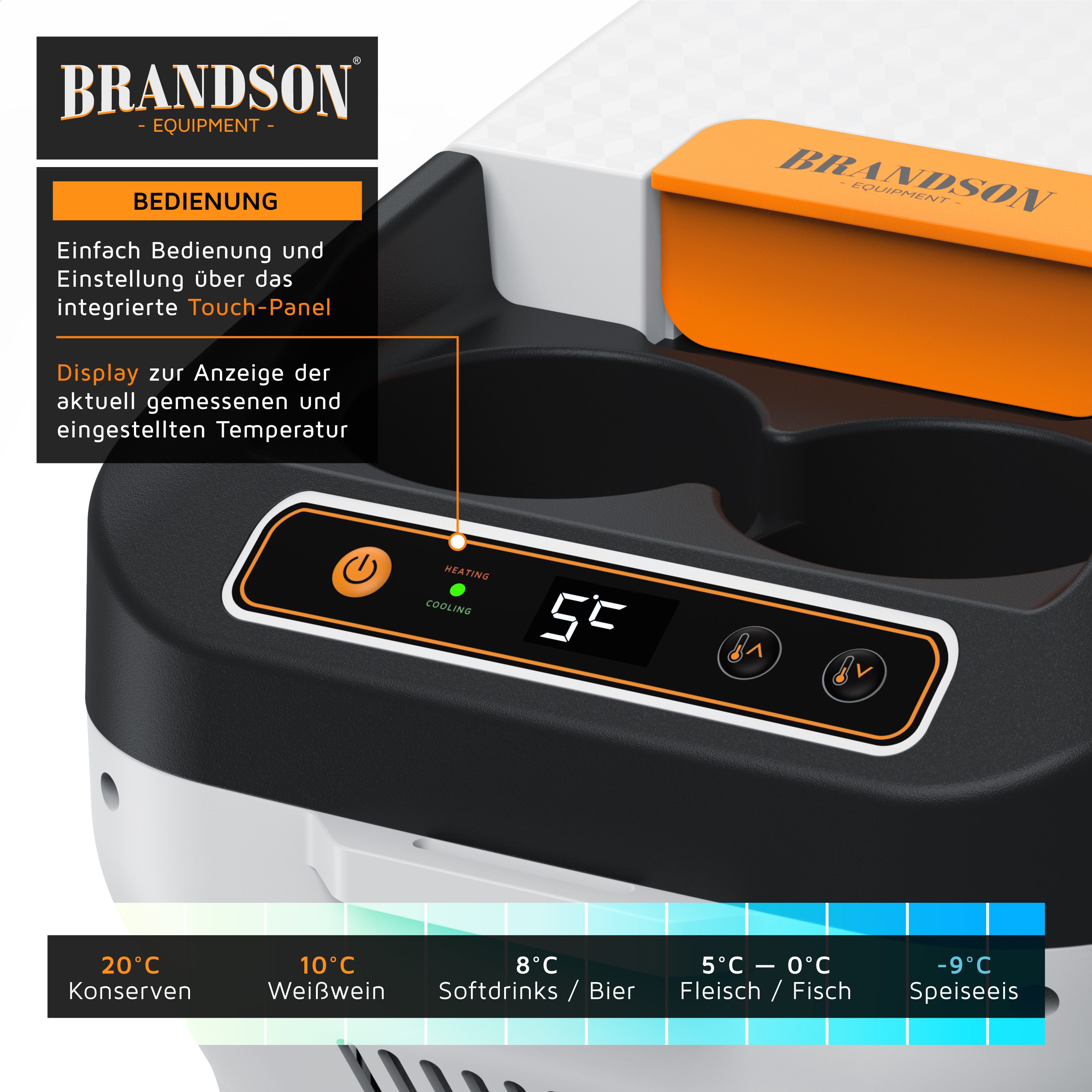 Brandson Elektrische Kühlbox 10 L, Kühlt & hält Warm, von -10 bis +65°C, für die Mittelkonsole, 10 l, Kühlbox elektrisch, 230 V Netzspannung und 12 V KFZ Auto Bordspannung