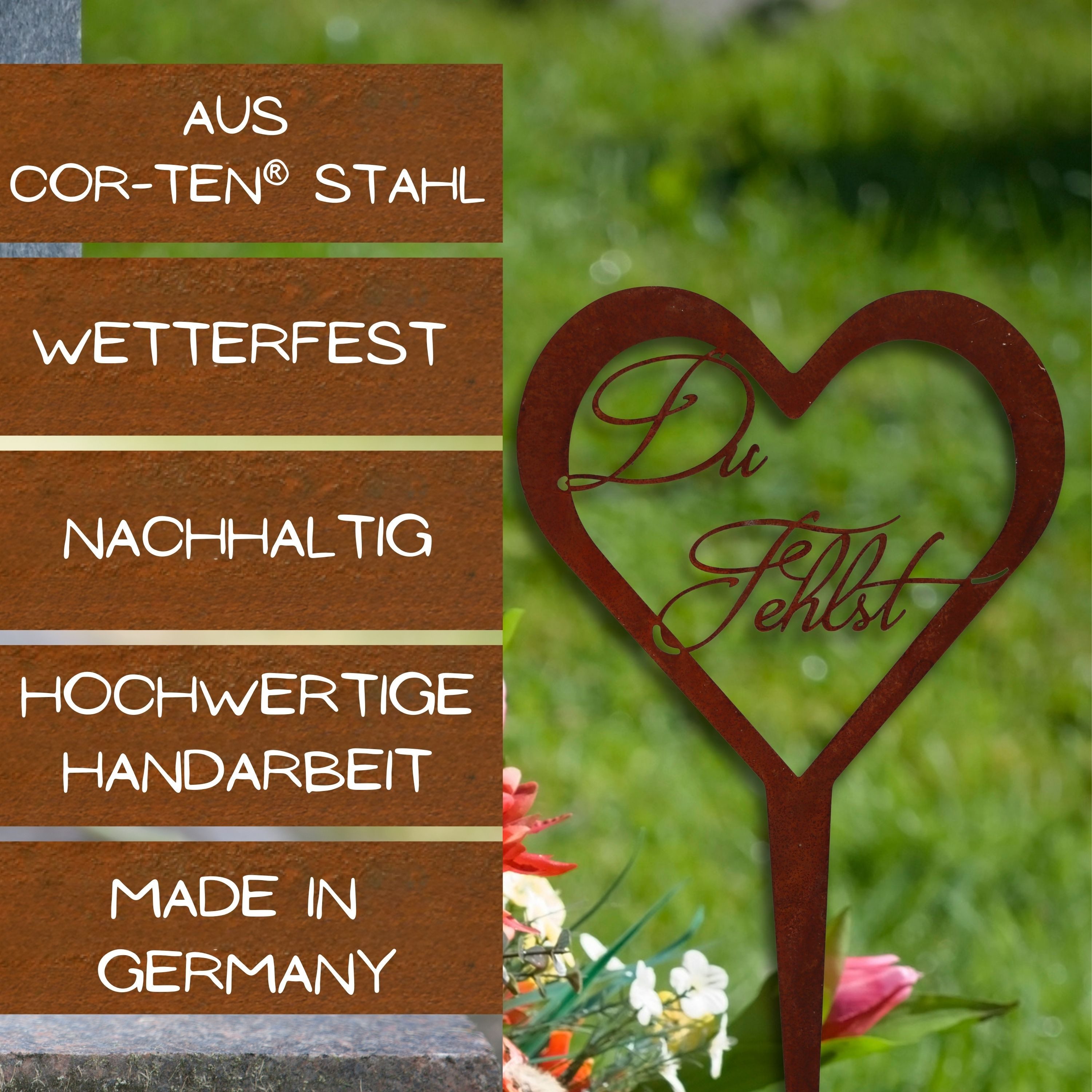 Rostikal Metallschild Grabschmuck Herz - Grab Deko mit Gravur Du Fehlst / Unvergessen – Bild 4 von 5