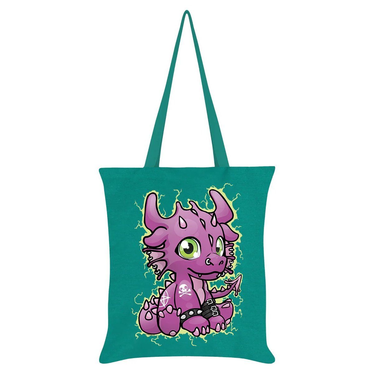 Dark-Desires Schultertasche Kawaii Shoppertasche Stofftasche in türkis mit kleinem Drachen, kawaii Drachen-Print auf tükiser Baumwolltasche