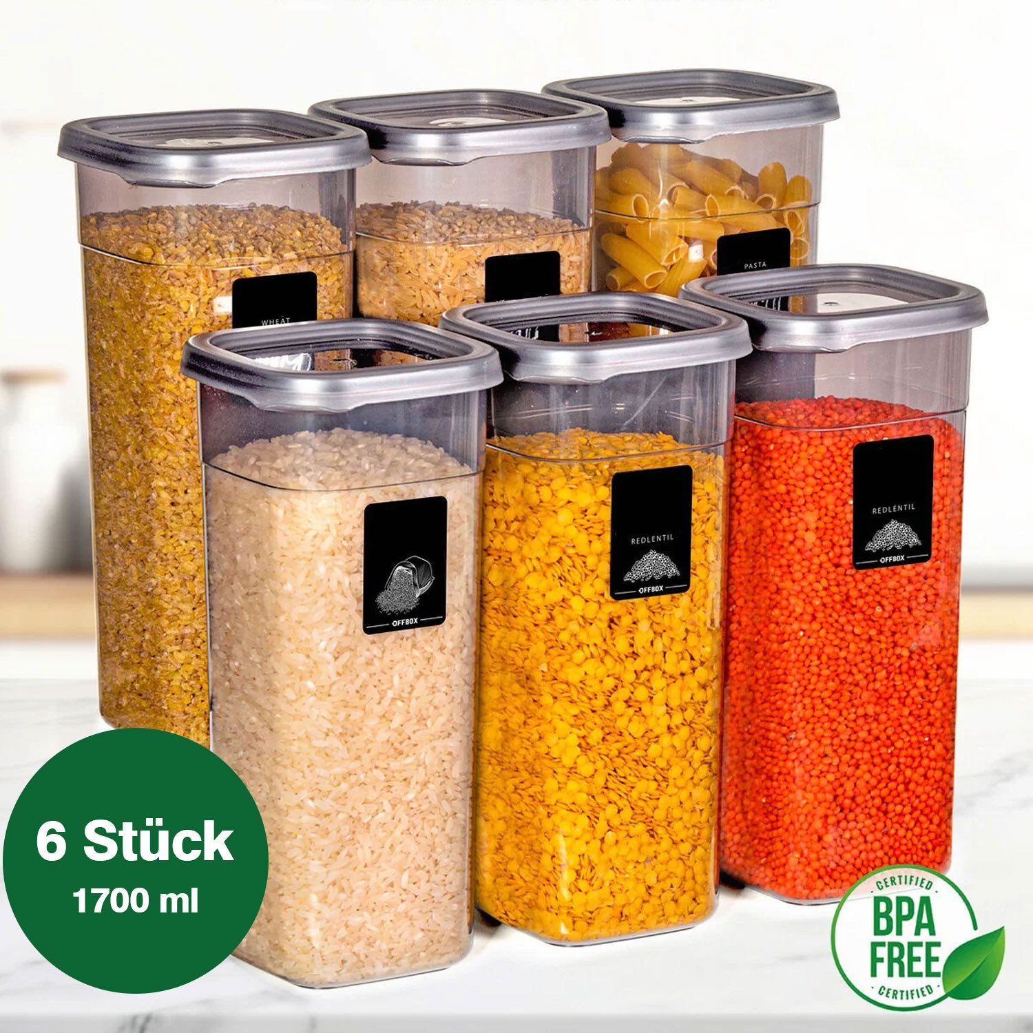 Jungengel Vorratsdose Große Aufbewahrungsbehälter 1,7Liter Lebensmittelbehälter Gewürzdosen, Kunststoff(BPA-frei), (Vorratsdosen-Set, 6-tlg., 6 Vorratsdosen, 6 Deckel, 12-teiliges Set), 6x Stück, Stapelbar, BPA-Frei, Platzsparend, Bruchsicher, Quadratisch