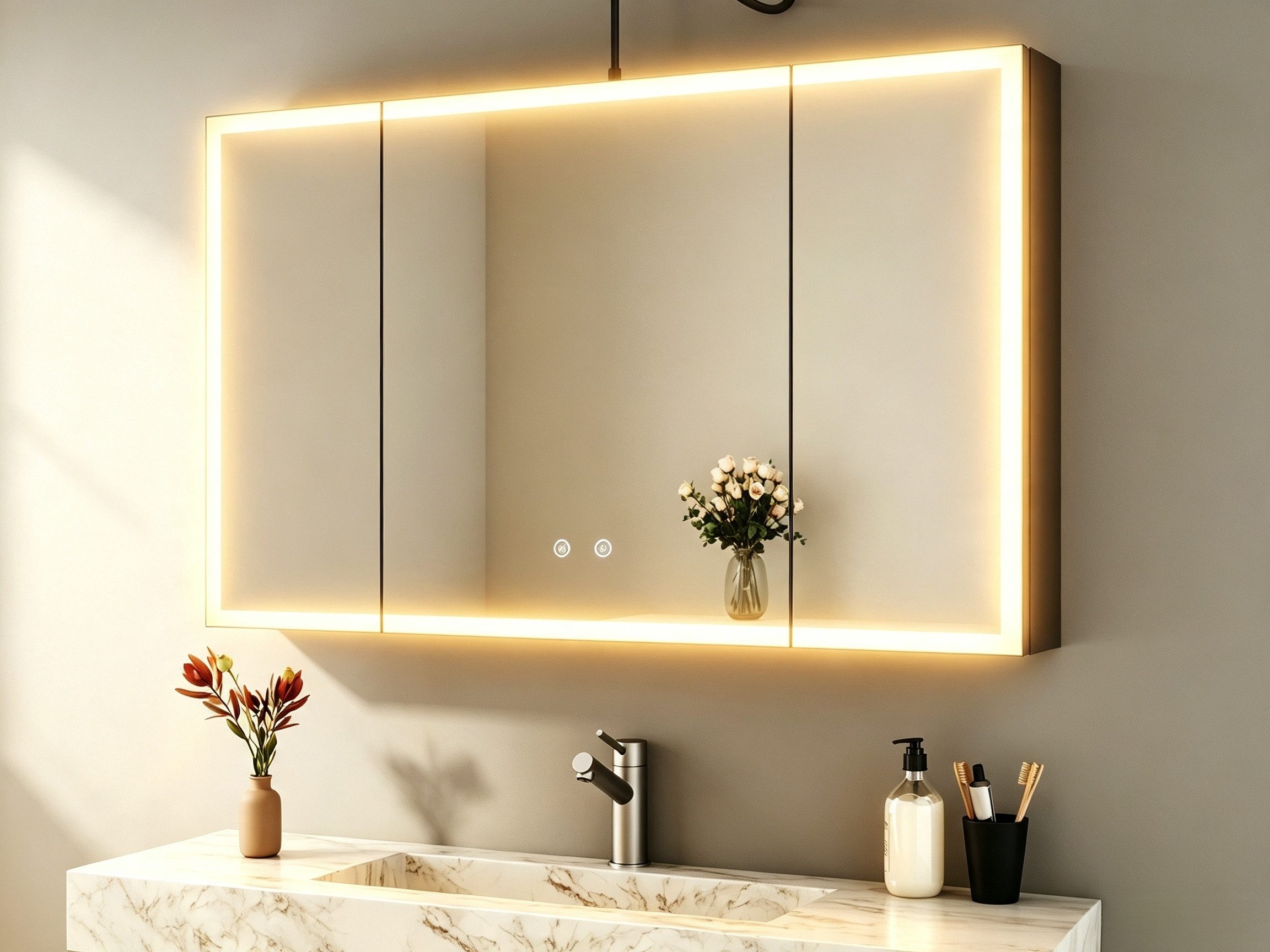 WDWRITTI Badezimmerspiegelschrank mit LED Spiegelschrank Bad mit Beleuchtung 100cm x 60cm 90x60cm 3türig (Alu-Schranktür, Stahl Schrank-Korpus, Doppel Spiegel, Kalt/Neutral/Warmweiß, Dimmbar, Anti-Fog, Speicherfunktion) vormontiert geliefert, Wandmontage, Eingebautemontage, mit Netzadapter