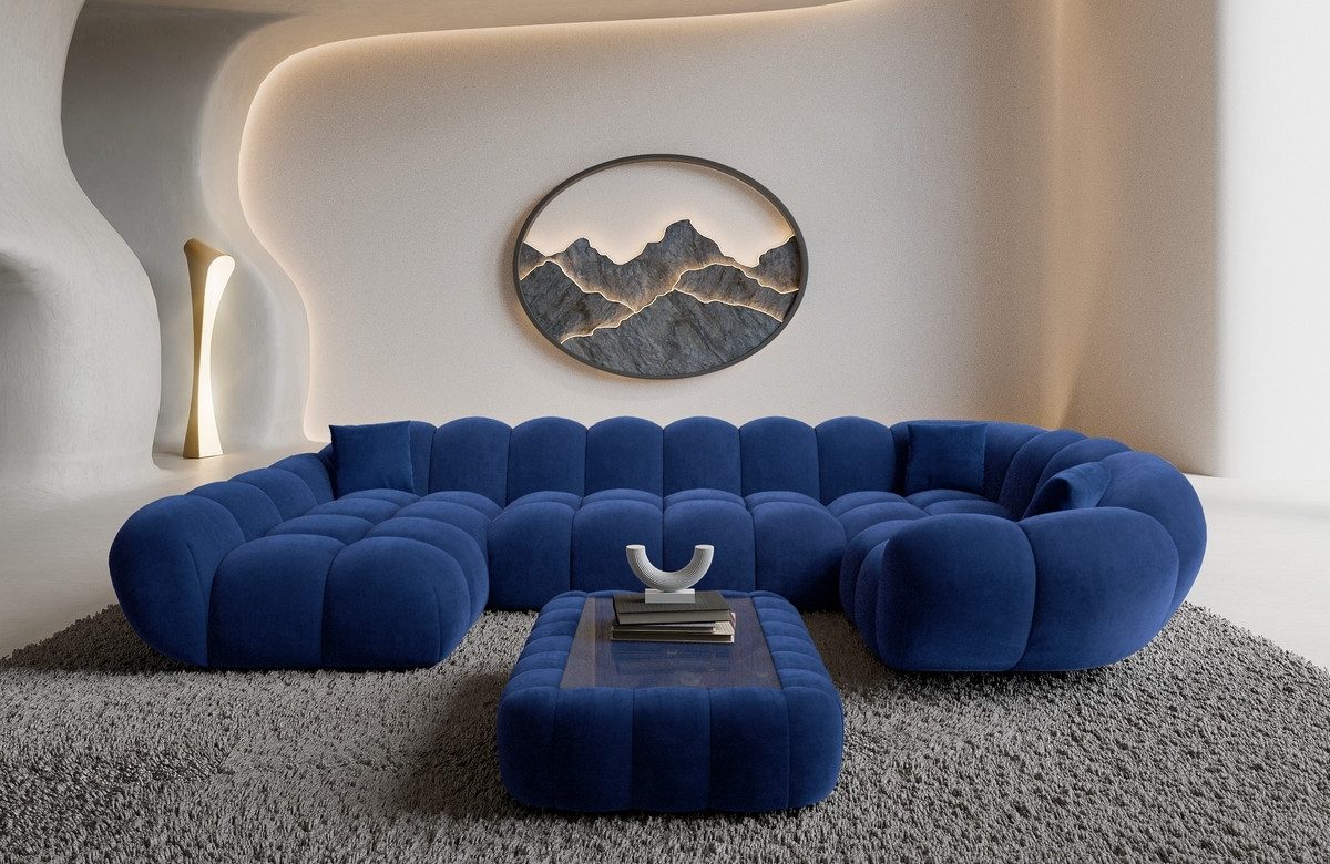 Sofa Dreams Wohnlandschaft Maleron U Form Design Stoffsofa, Stoff Polsterecke, 6-Sitzer, Ottomane links, Samtstoff Dunkelblau