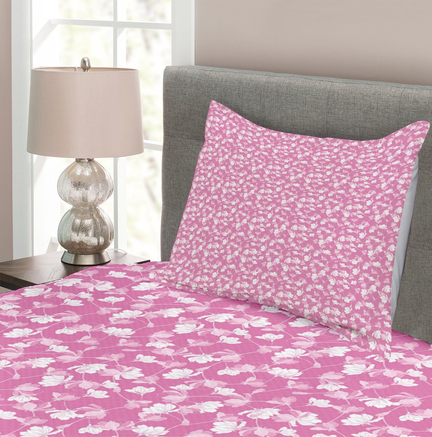 Tagesdecke Set mit Kissenbezügen und Apple-Blumen-Blüten Pink Abakuhaus, Waschbar, Weiß