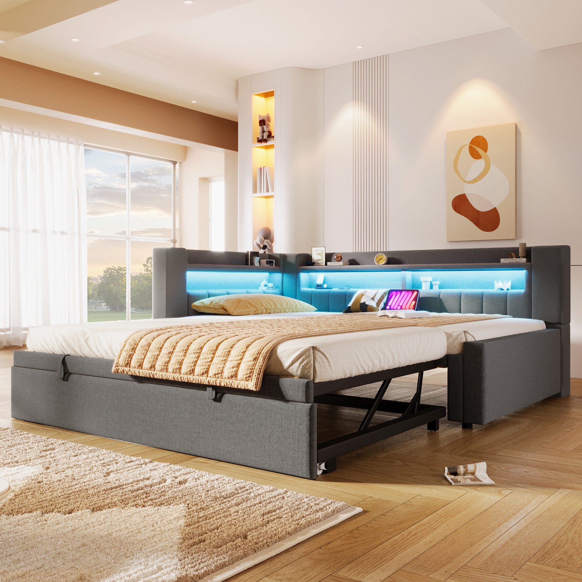 Merax Daybett 90x200cm/180x200cm mit LED-Beleuchtung, USB & Typ-C (Sofabett Jugendbett Einzel- & Doppelbett, 1 tlg), Tagesbett mit Ausziehbett und Staufächern,Schlafsofa,Doppelbett,Leinen
