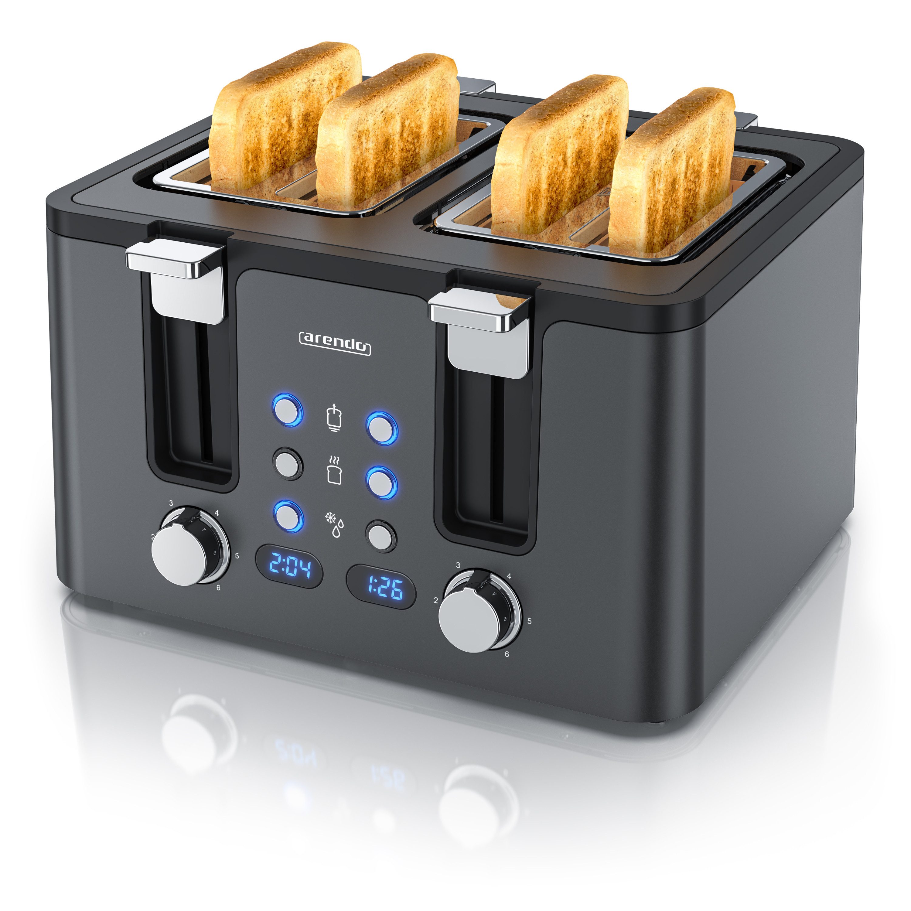 Arendo Toaster 4-Scheiben, Edelstahl, Brötchenaufsatz, Restzeitanzeige, Cool Grey, 4 kurze Schlitze, für 4 Scheiben, 1750 W, Doppelwandgehäuse, Defrost Funktion, Krümelschublade, 6 Bräunungsgrade