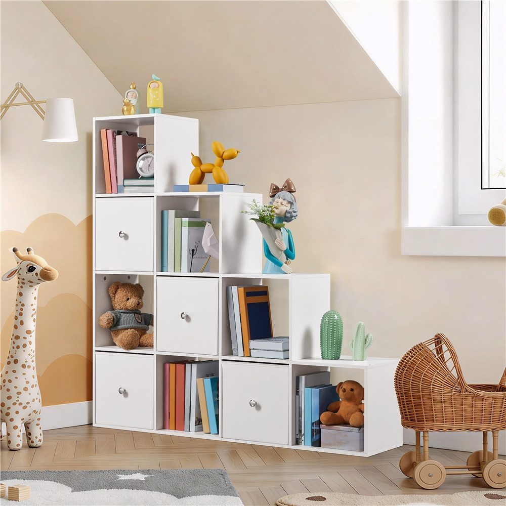 Yaheetech Bücherregal L-Förmiges Würfelregal mit 10 Fächern und 4 Aufbewahrungskörben, Cube-Regal für 120–200 Bücher Belastbar bis 100 kg