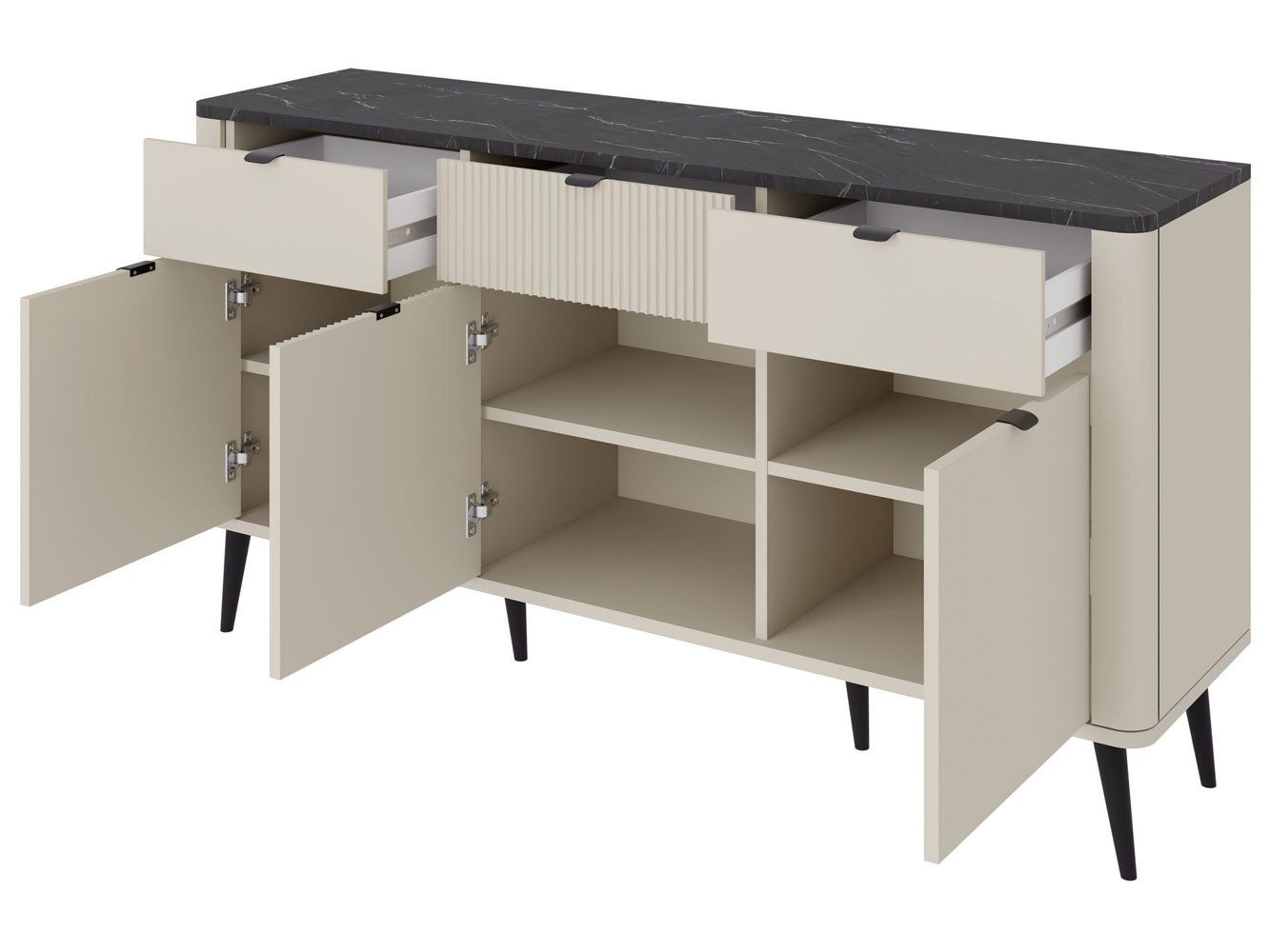 Feldmann-Wohnen Kombikommode Marly (3 Drehtüren, 3 Einlegeböden, 3 Schubladen, 1 St., moderne Optik, abgerundeter Korpus, Zugengriffe aus Metall), 130x40x82cm Kaschmir / Graustein