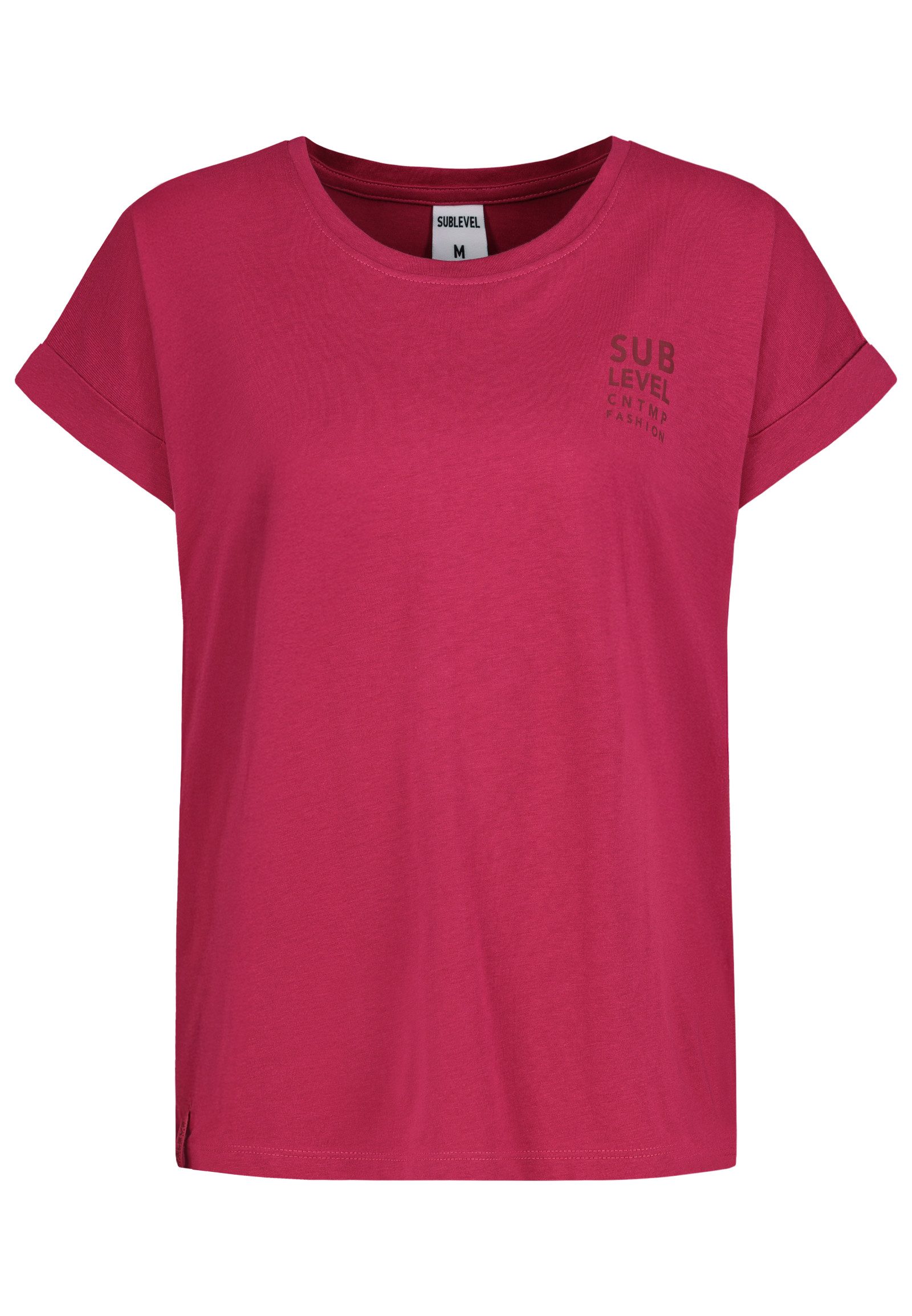 SUBLEVEL T-Shirt Damen Shirt Turn-Up Ärmel Weiches Basic Shirt Rundhals Kurzarm Baunwolle Modal Mix, super soft, unifarben, markenlogo