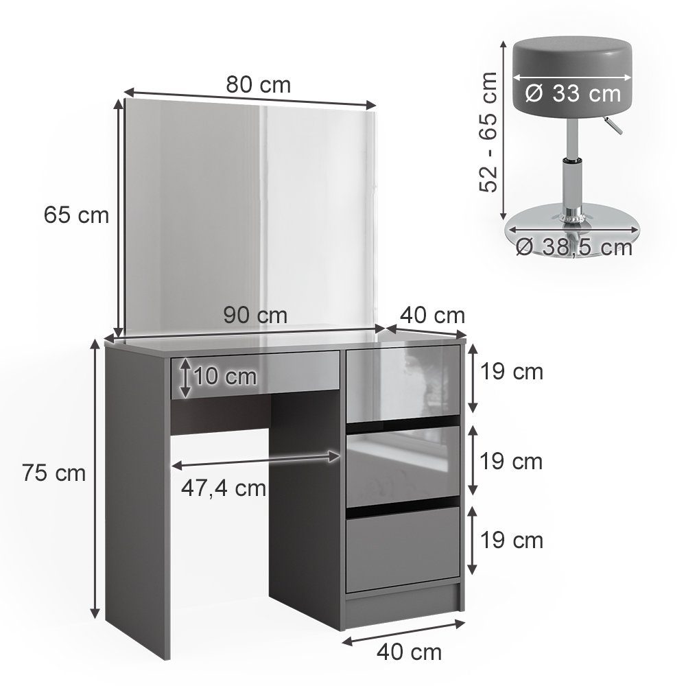 Vicco Schminktisch Sherry, Grau Hochglanz, 90 cm mit Hocker (3-St)