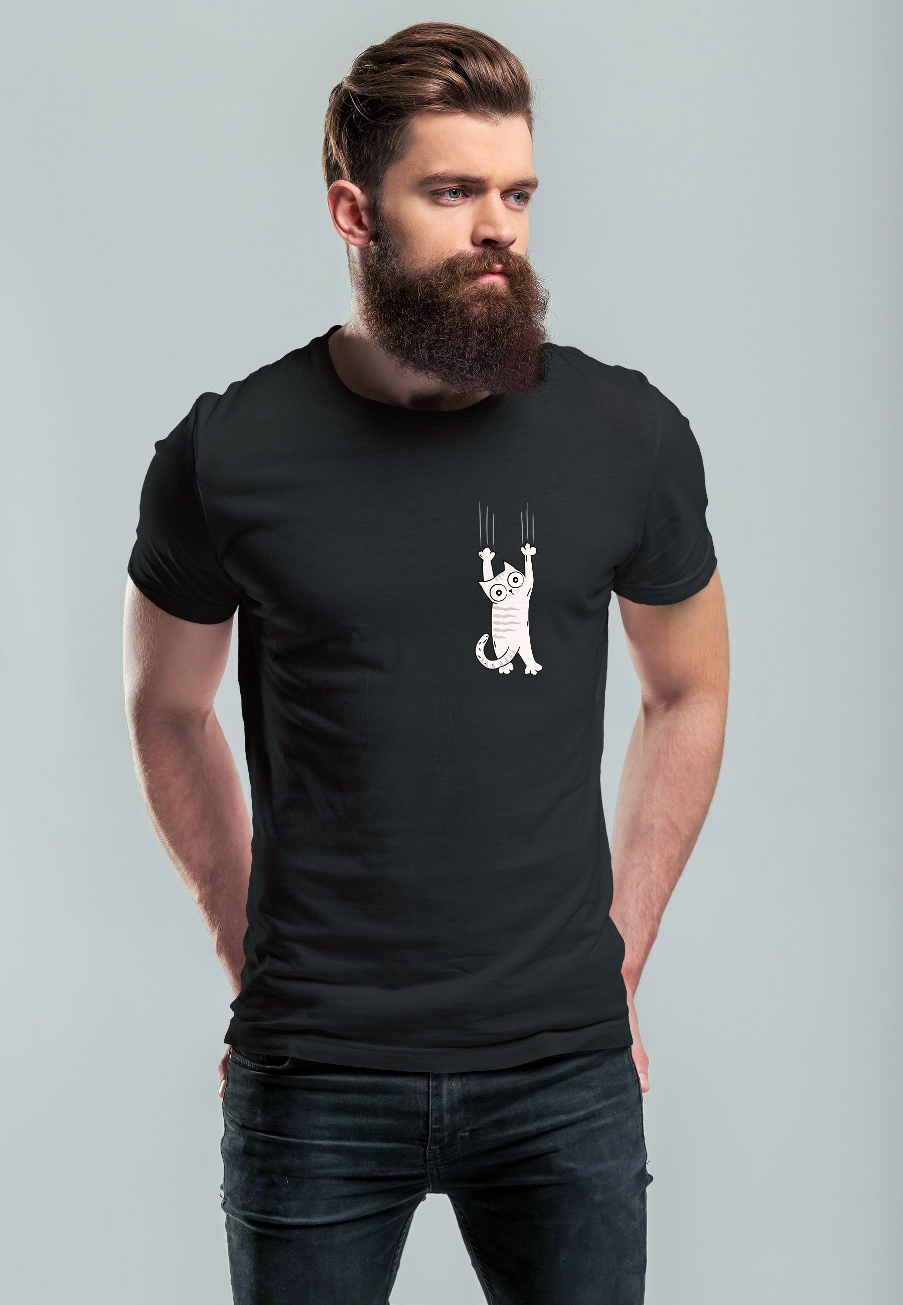 Neverless Print-Shirt schwarz Kapuzen-Pullover Print Männer Logo Cat T-Shirt Herren mit Aufdruck Katze lustig