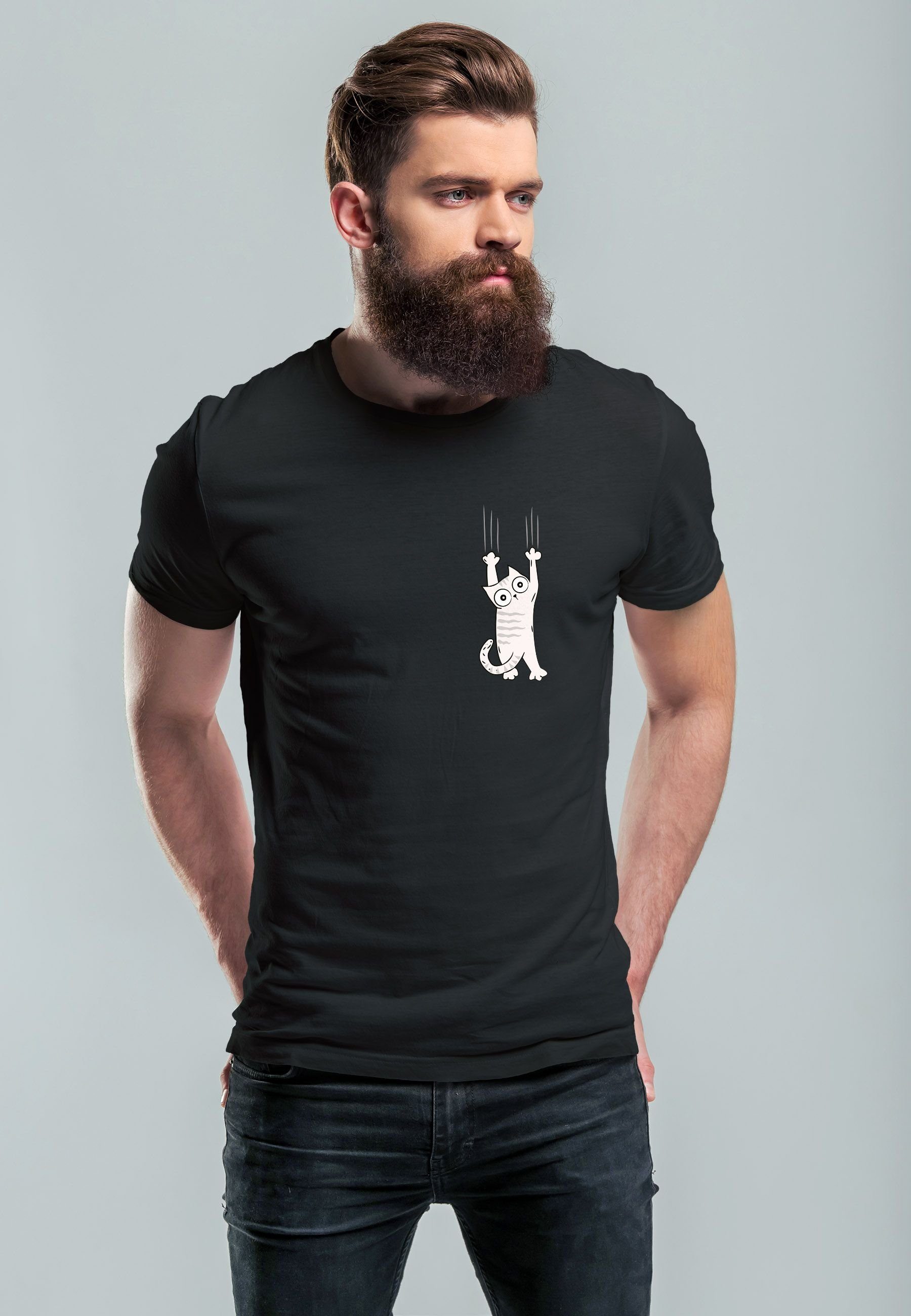 Neverless Print-Shirt Herren T-Shirt Aufdruck Katze Cat Logo lustig Kapuzen günstig online kaufen