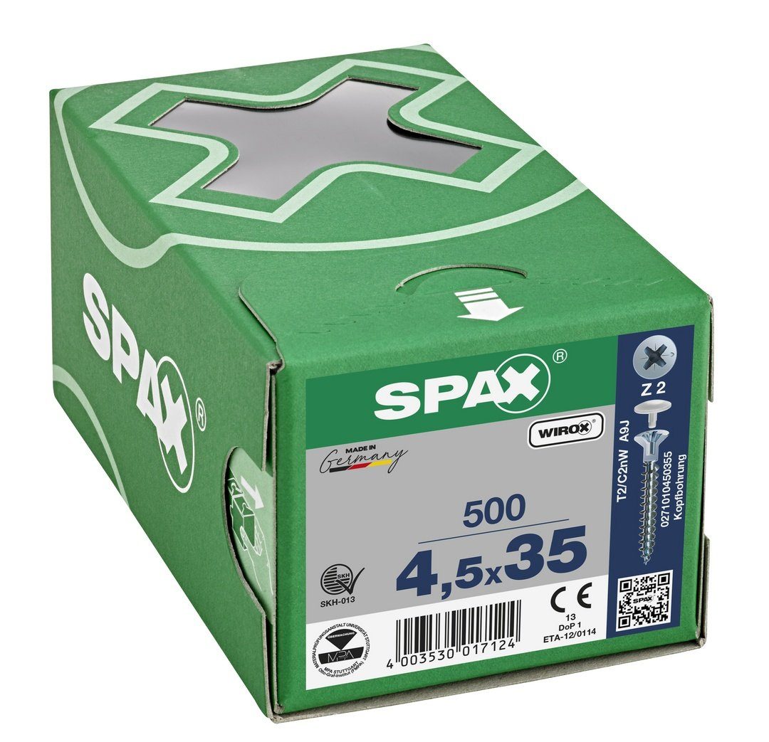 4,5x35 500 mm SPAX mit (Stahl Universalschraube Spanplattenschraube Kopfbohrung, St), verzinkt, weiß