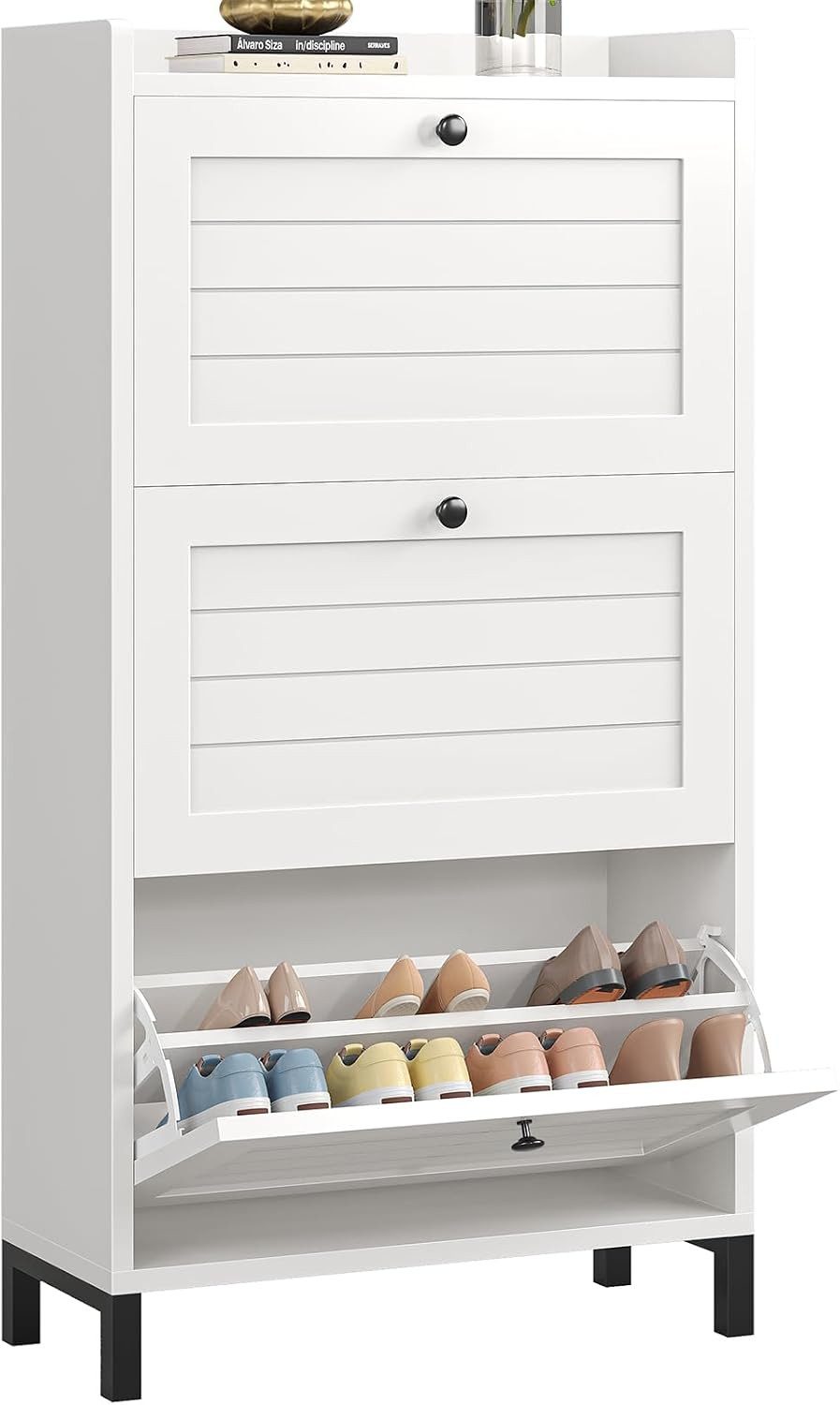 MSMASK Schuhschrank mit 2 Klappen, Verstellbare Böden für Flur, Eingangsbereich, Weiß (1-St) 30T x 60B x 126H cm, Weiß, Verstellbare Trennwände