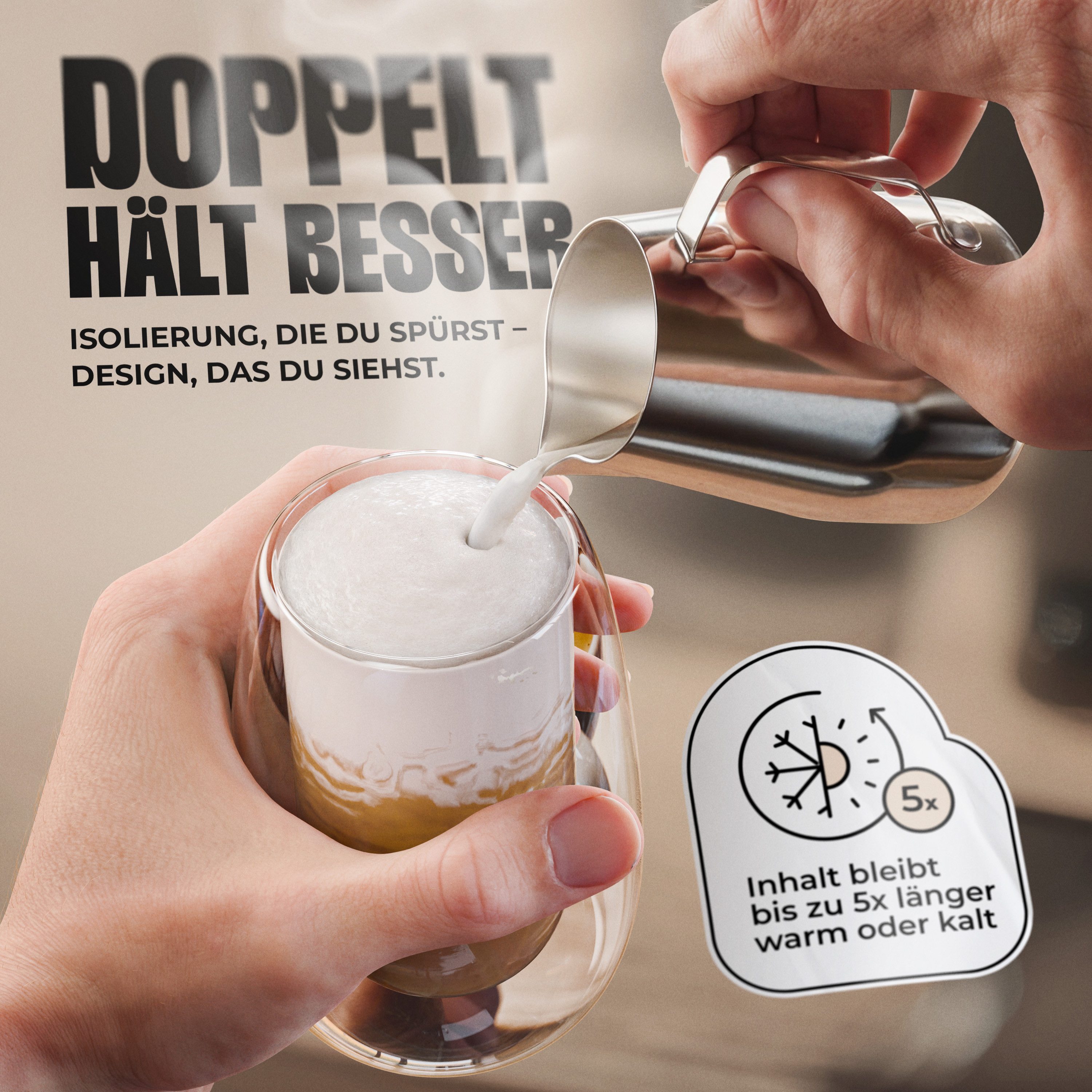 LAPRESO Latte-Macchiato-Glas Doppelwandig Thermogläser Kaffeegläser Set 350 ml, 6-tlg., Borosilikatglas, 6er Set