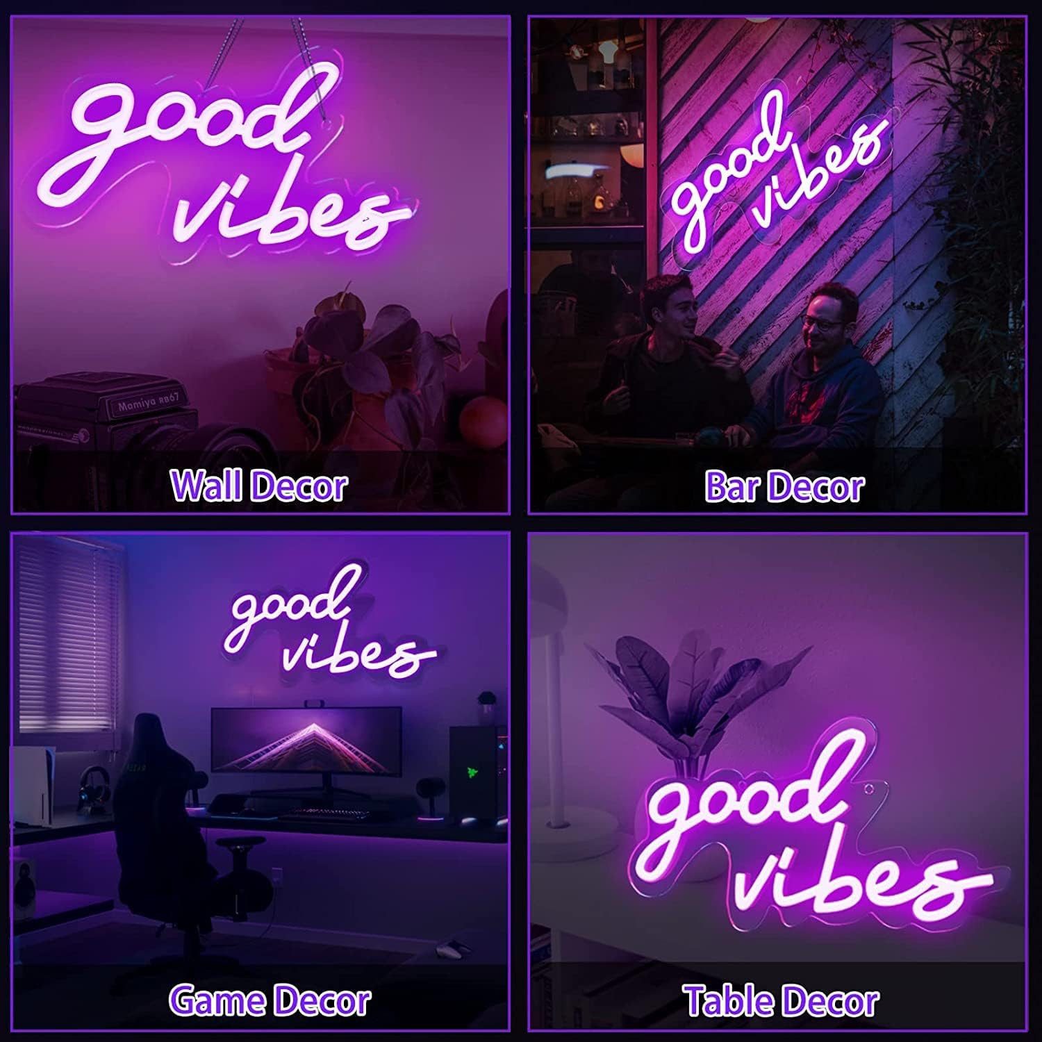 SOLIDEE LED Dekolicht LED-Neonschild „Good Vibes“ mit Acrylsockel, USB, Violett, LED fest integriert, Violett, „Good Vibes“-Schriftzug, violettes Licht, dimmbar – Bild 4 von 4