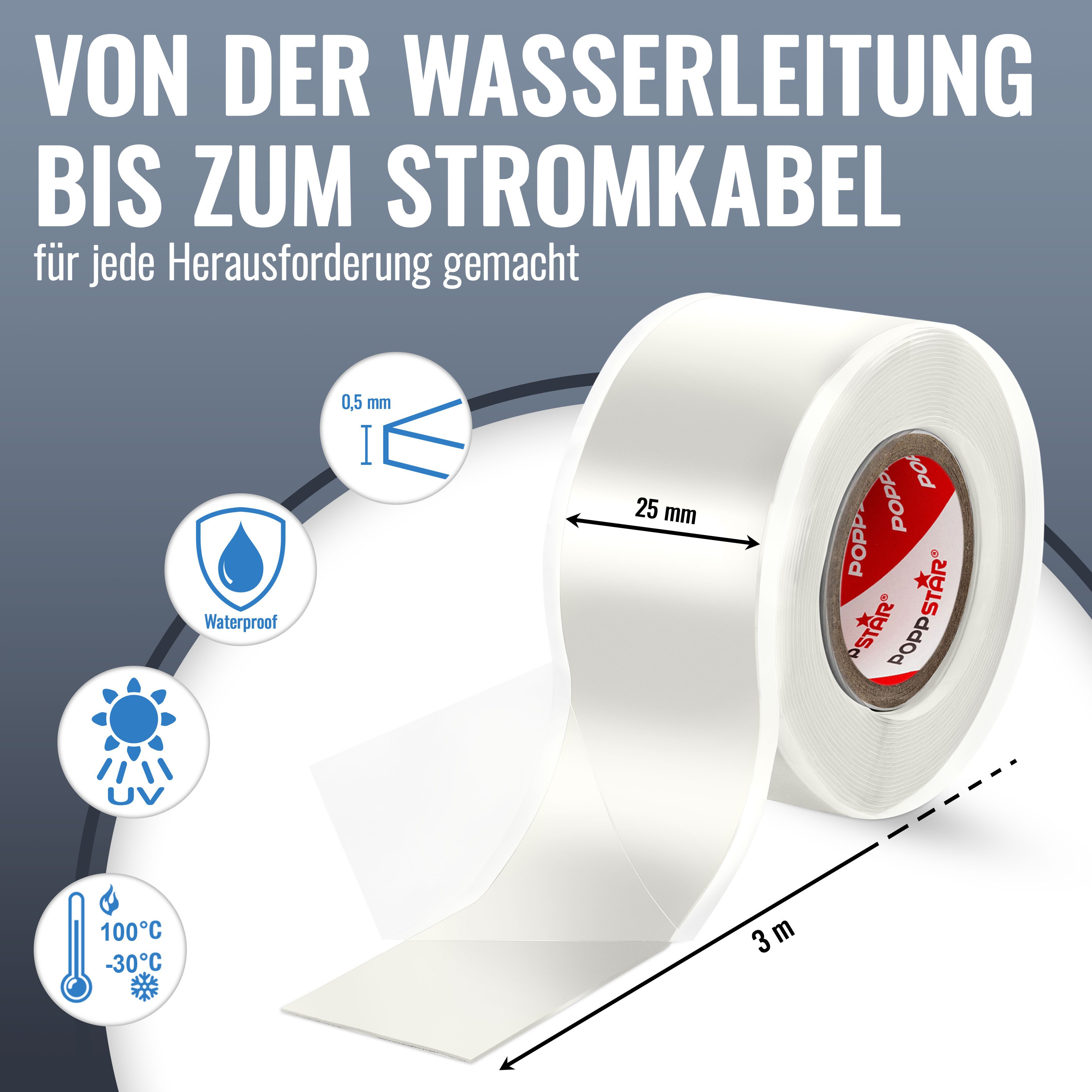 Poppstar Dichtband Selbstverschweißendes Silikonband (zum Reparieren, Isolieren und Abdichten, 1-St., (Strom, Wasser, Luft) zum Umwickeln von Rohren, Kabeln, Schläuchen uvm.