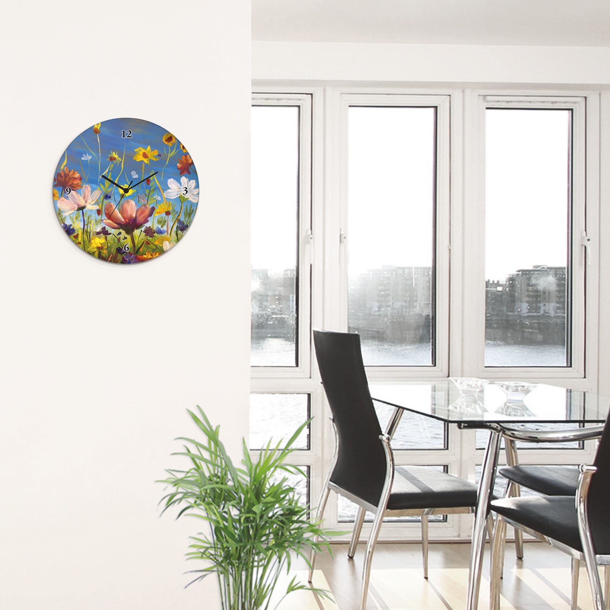 Artland Wanduhr Glasuhr rund Wildblumenwiese (wahlweise mit Quarz- oder Funkuhrwerk, lautlos ohne Tickgeräusche)