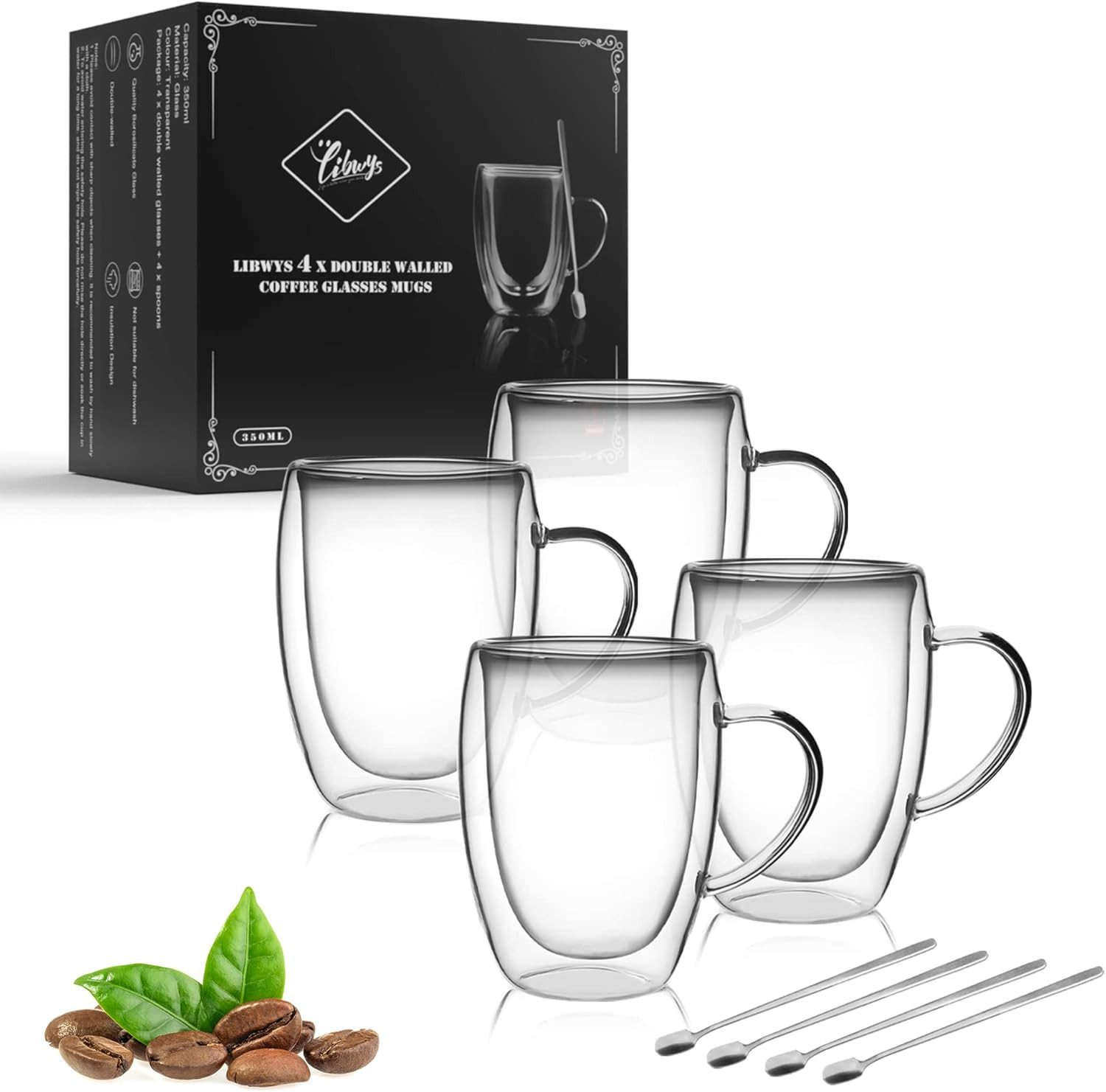 LIBWYS Thermotasse Doppelwandige Kaffeetassen aus Glas 4x350 ml mit Griff und Löffel, Glas, Doppelwandige Kaffeetassen aus Glas mit Griff und Löffeln im Set