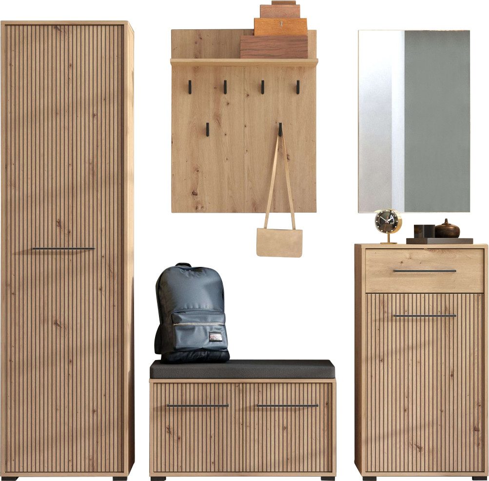INOSIGN Garderoben-Set Landes, Flurmöbel, Breite 189 cm, in Artisan Eiche mit Streifen, (Komplett-Set, 5-St), (Set, 5-St) inkl. 2 Schränke, Sitzbank, Garderobenpaneel und Spiegel