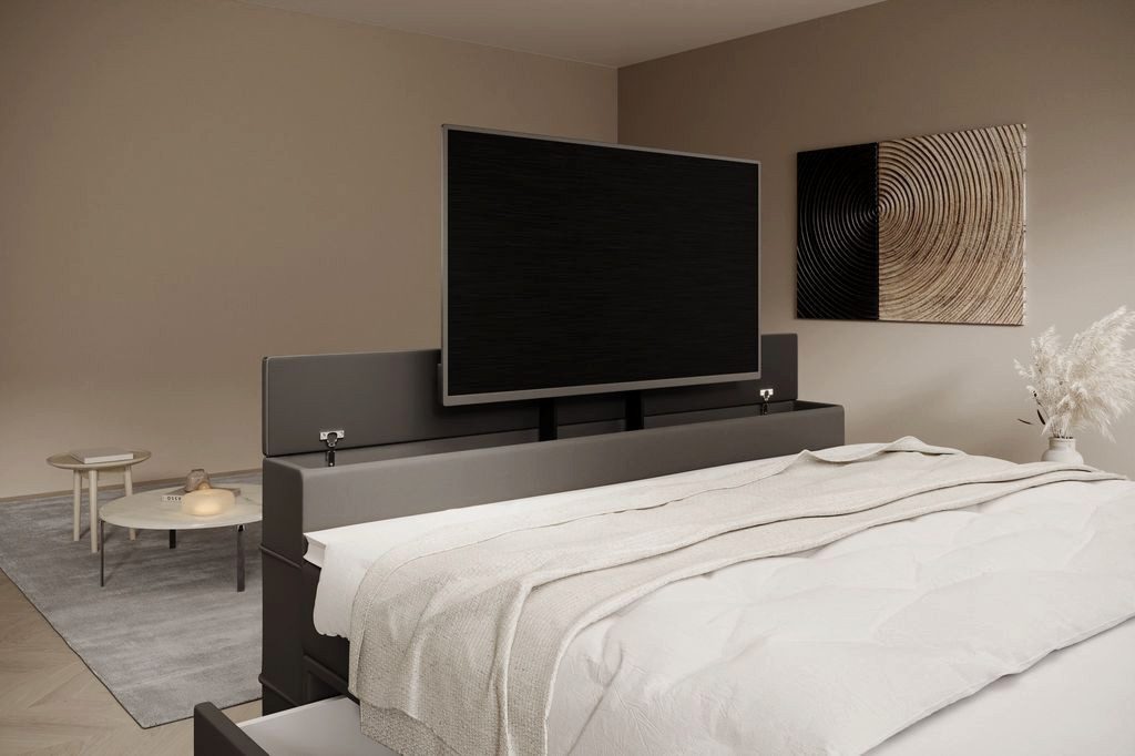 PROMETO Möbel Boxspringbett Doppelbett 180x200 mit Matratze, Schubladen TV-Lift LED Beleuchtung, inkl. 7-Zonen-Taschenfederkernmatratze, TV-Lift im Fußteil, Topper
