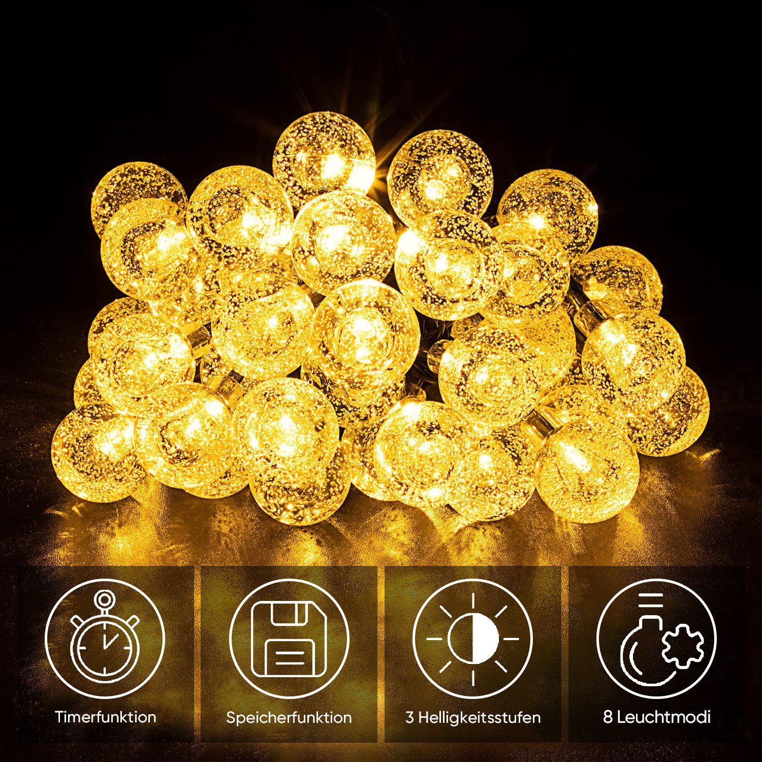 Salcar LED Solarleuchte LED Kugel-Lichterkette Außen Solar Gartenleuchte Weihnachtsdeko, 2 Lademodi USB & Solar /3 Helligkeitsstufen/8 Leuchtmodi/Timerfunktion