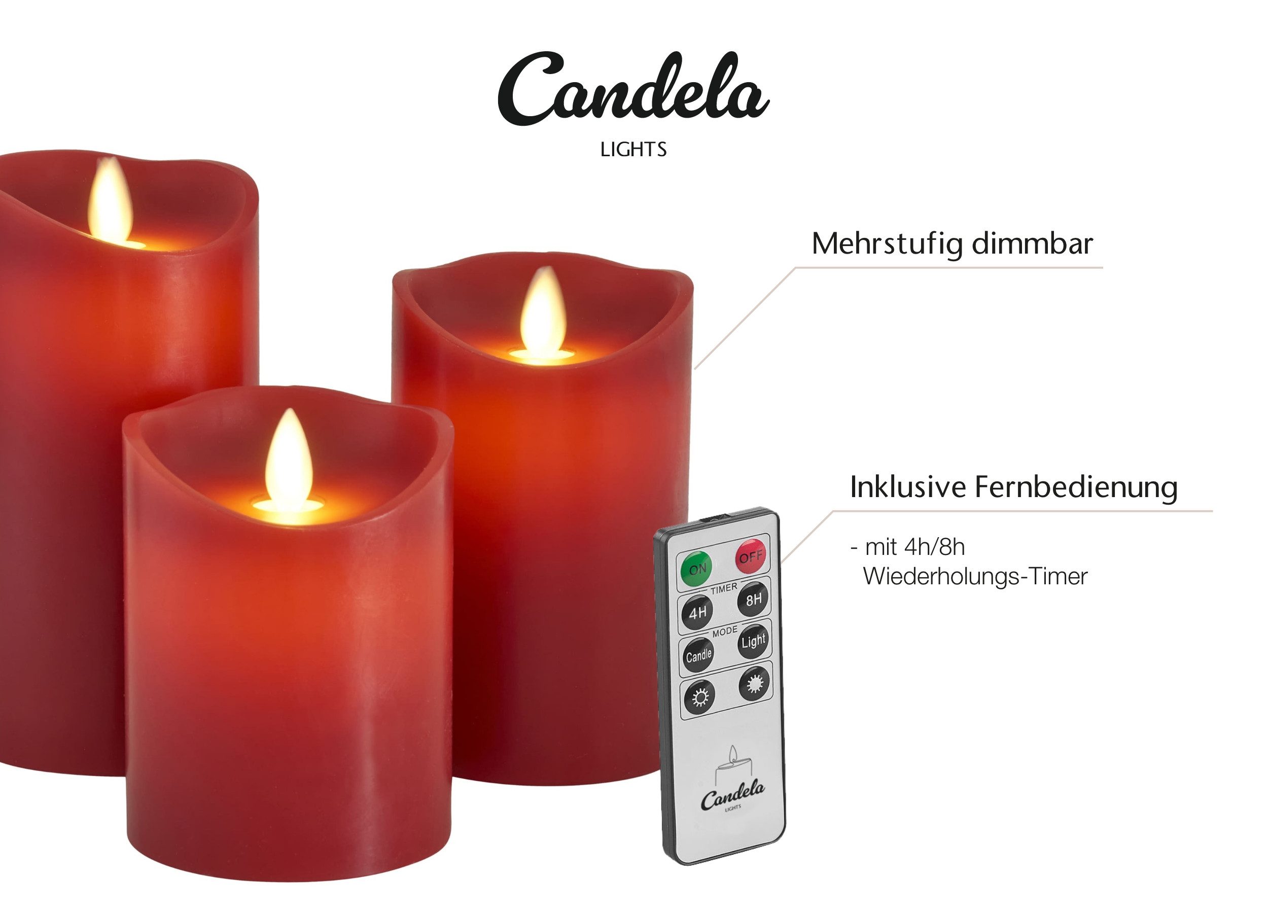 LC Home LED-Kerze Set Echtwachskerze Timerfunktion Fernbedienung LED Kerzen Dimmbar (Set, 3-tlg., LED Kerzen Set Stumpenkerzen mit Fernbedienung Timerfunktion dimmbar), LED Kerzen 3er Set in 7,5x10/12,5/15 oder 5er Set in 5x13/14/16/18/20