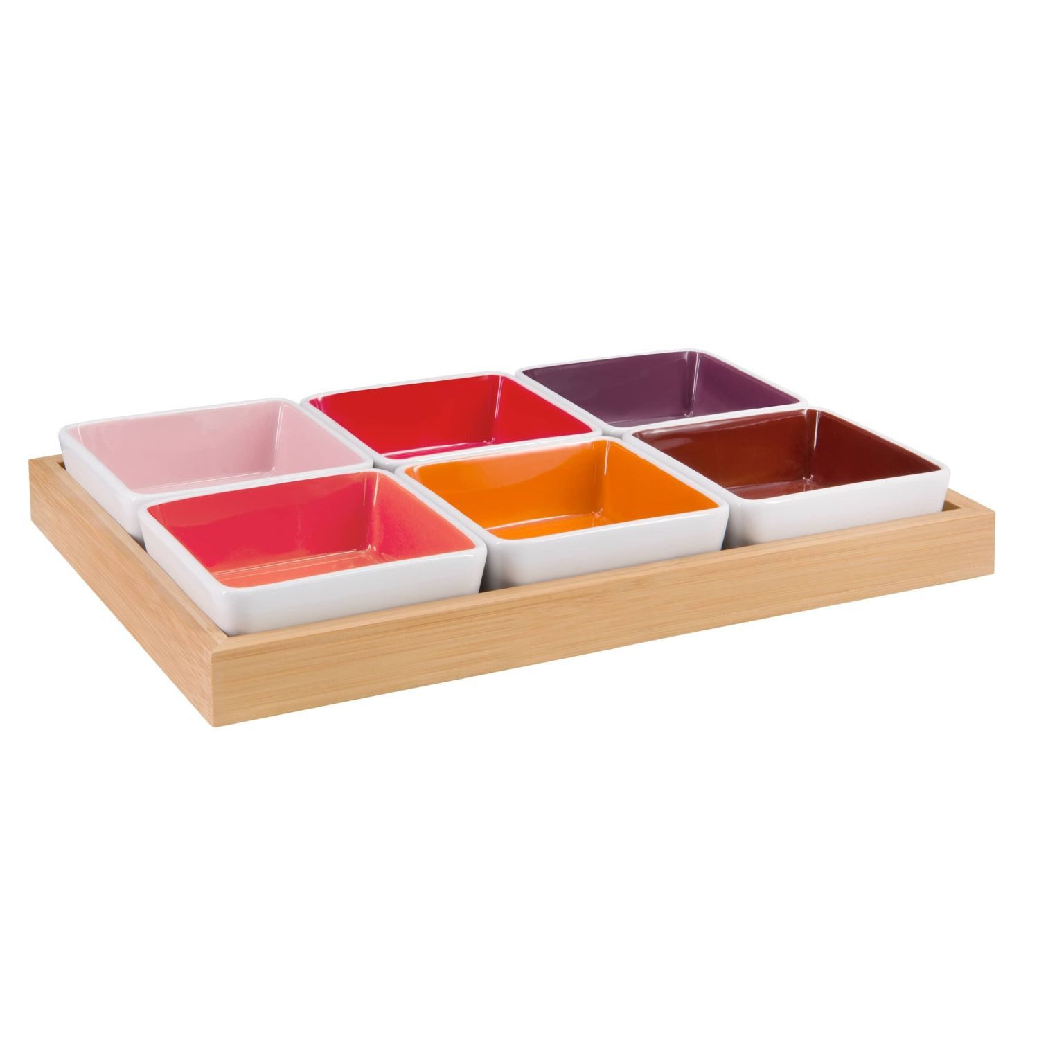 Remember Schale Rot mit Holztablett, Porzellan, Bambusholz, (7-teilig), spülmaschinengeeignet (Schalen)