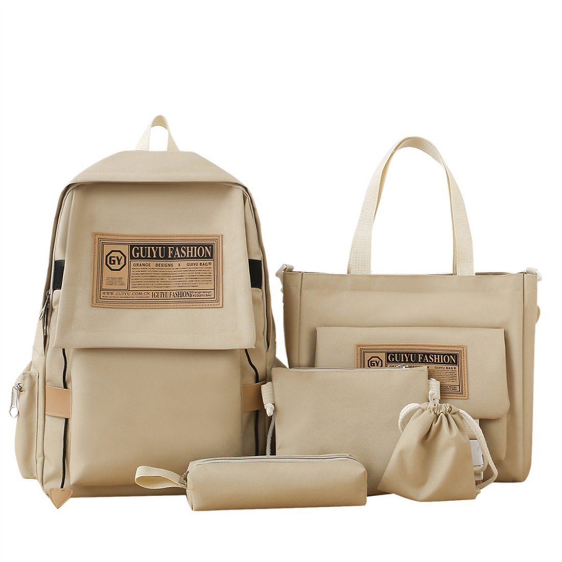 DÖRÖY Schulrucksack Student Canvas Casual Rucksack, große Kapazität Schultasche 5er-Set khaki