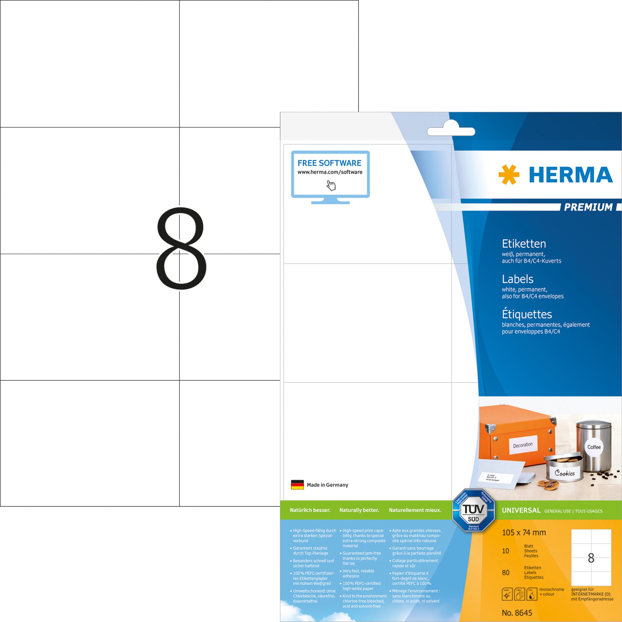 HERMA Ярлыкиpapier Herma Ярлыки permanent haftend 105 x 74 mm weiss PREMIUM 10 Bl 80