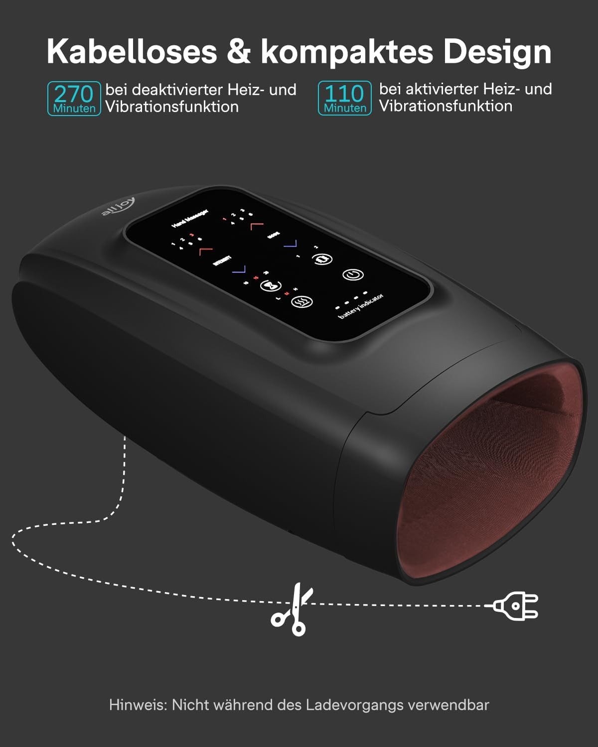 ALLJOY Massagegerät Handmassager mit Wärmekompression zur Schmerzlinderung für Arthritis, Luftkissen-Pressmassage,Wärmefunktion,Vibration, Ein-Tasten-Touchscree – Bild 3 von 5