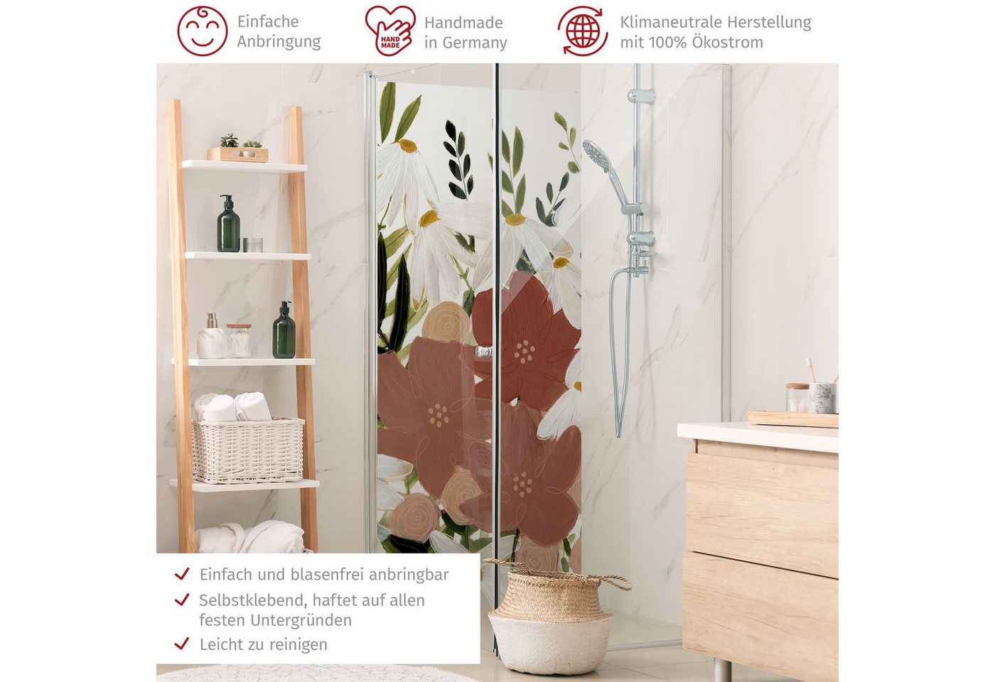 Thumbnail - Bilderdepot24 Badrückwand Blumen rot Duschrückwand ohne Bohren Dusche Motiv, (1-tlg., Hart-Folie Smart matt 0,35 mm), fu...