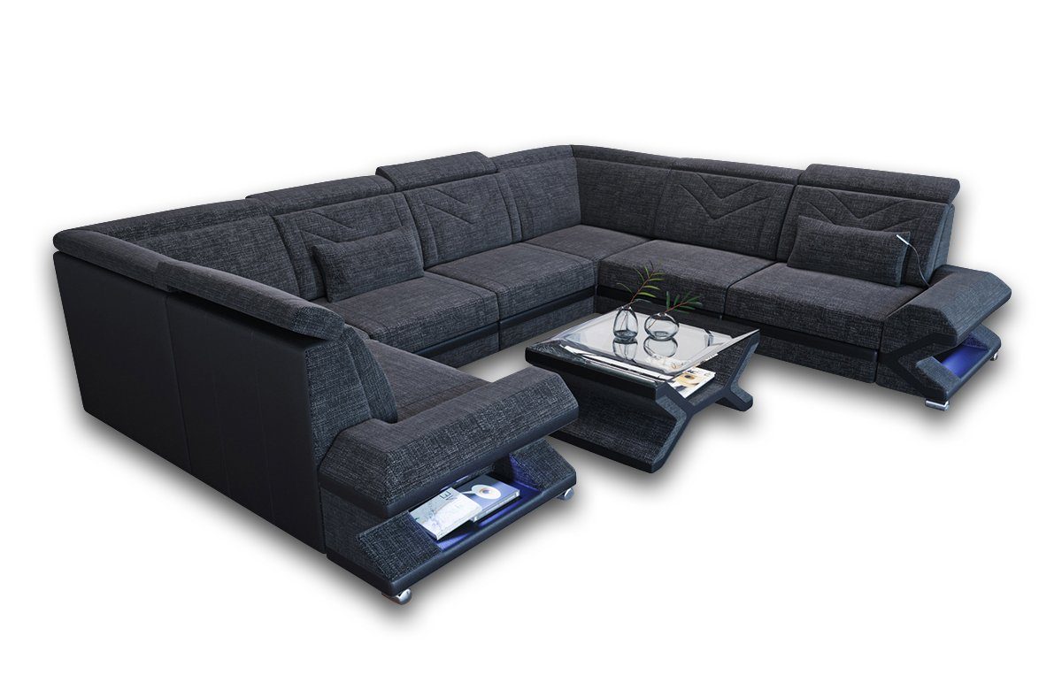 Polstersofa Sofa mit LED, ausziehbare Stoff Couch Form Sorrento Wohnlandschaft Stoffsofa, Dreams Schwarz U H12 Grau-Schwarz USB-Anschluss, Designersofa Bettfunktion,
