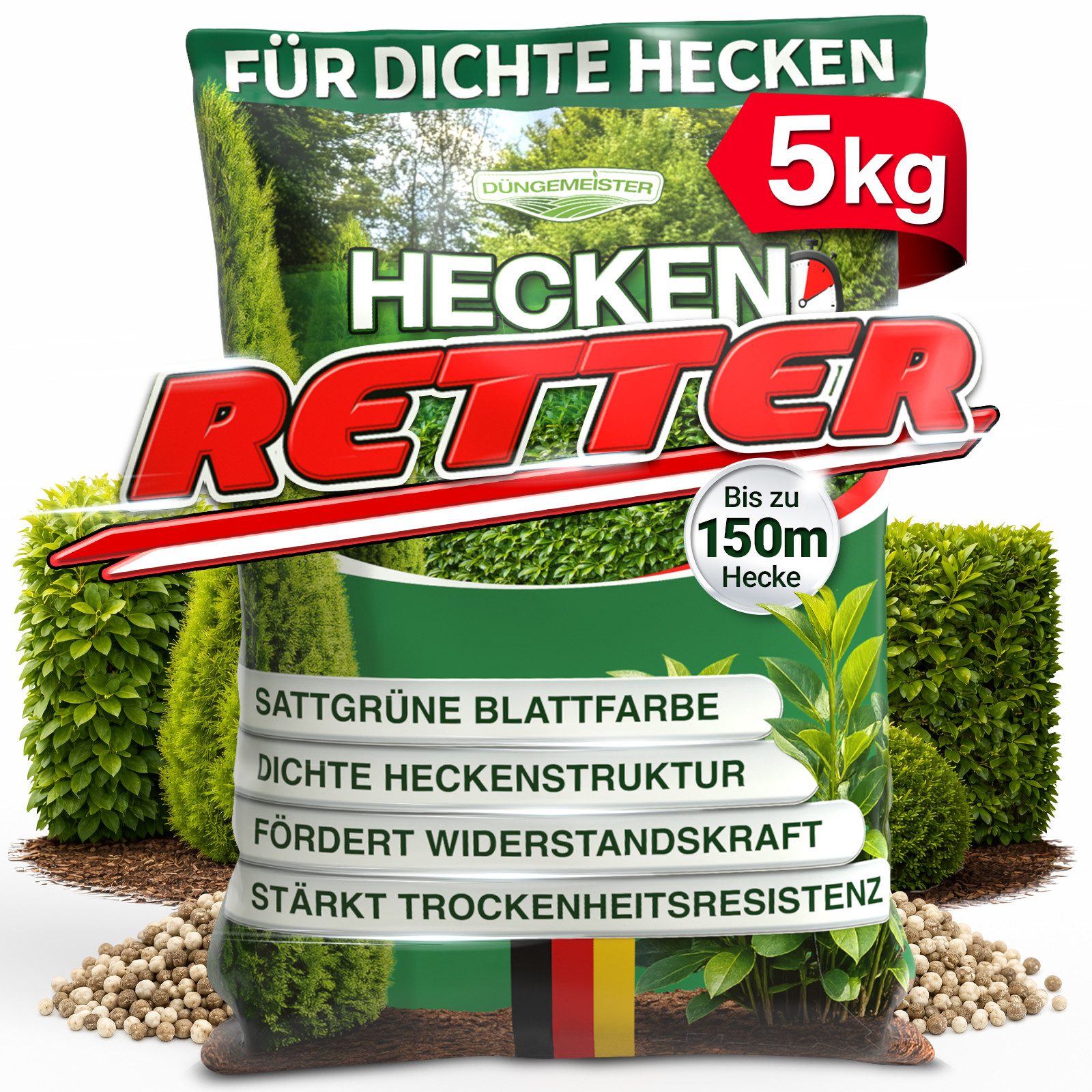 DÜNGEMEISTER Spezialdünger Heckenretter Heckendünger Dünger für grüne Hecken 5/10kg, Granulat, Extra Magnesium, Spezialdünger für Hecken, junge Gehölze und Neua – Bild 2 von 5