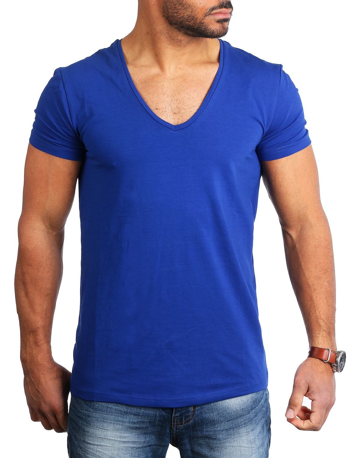 Young & Rich T-Shirt Herren Uni Basic extra tiefer Ausschnitt Unterziehshirt 1315 V-Ausschnitt unifarben kurzarm slim fit