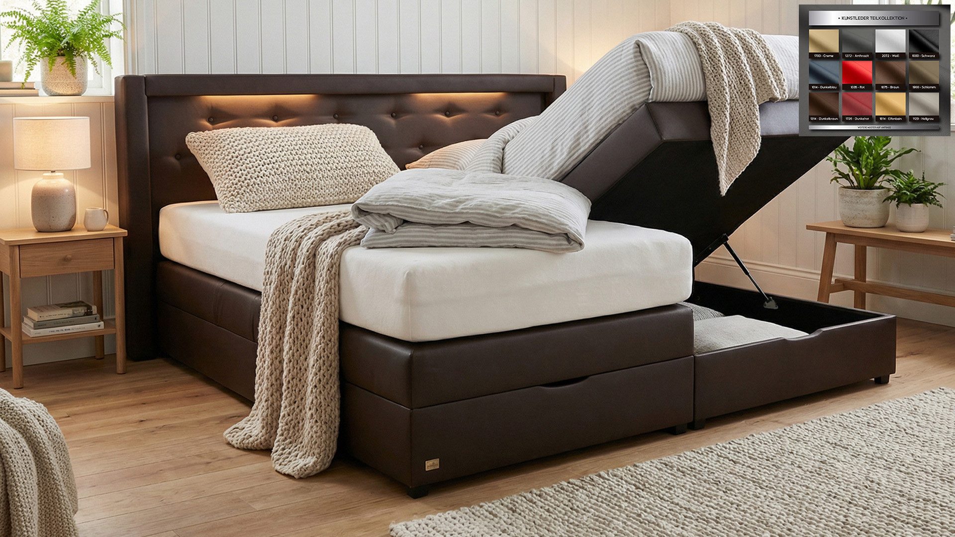 PAARA Boxspringbett Paris Bettkasten Kopfteil verstellbar LED Licht, inkl. Matratzen und Topper, mit einzigartigem Belüftungssystem