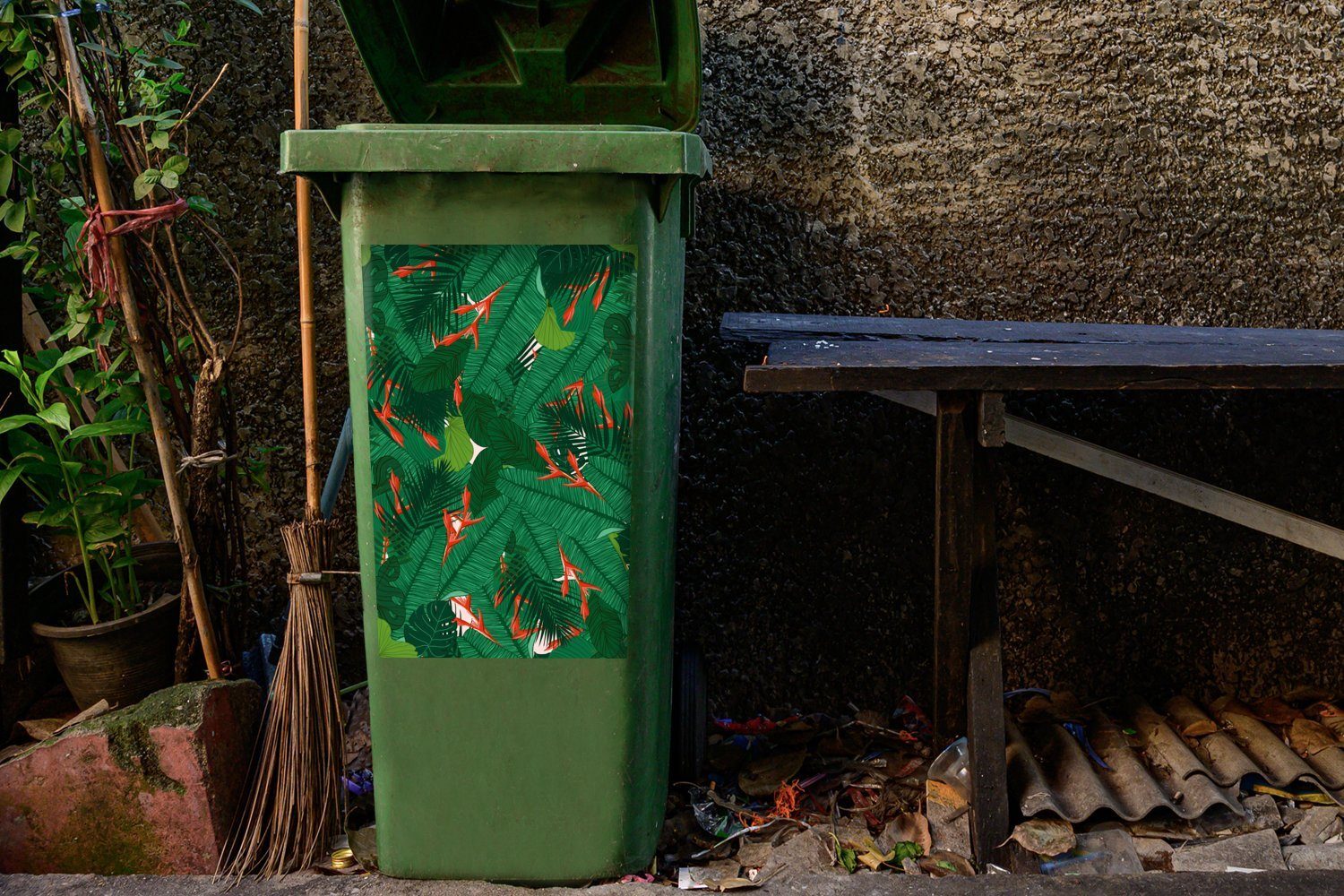 St), Abfalbehälter Mülltonne, Wandsticker - MuchoWow Muster Blätter - Sticker, Container, Blumen Mülleimer-aufkleber, (1