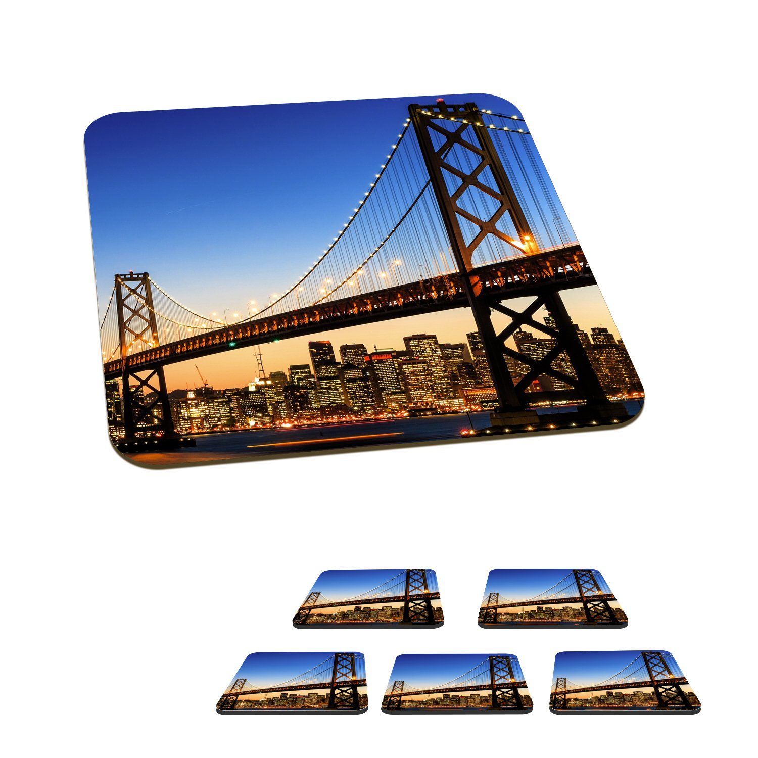 MuchoWow Glasuntersetzer Brücke - San Francisco - Skyline, Zubehör für Gläser, 6-tlg., Glasuntersetzer, Tischuntersetzer, Korkuntersetzer, Untersetzer, Tasse