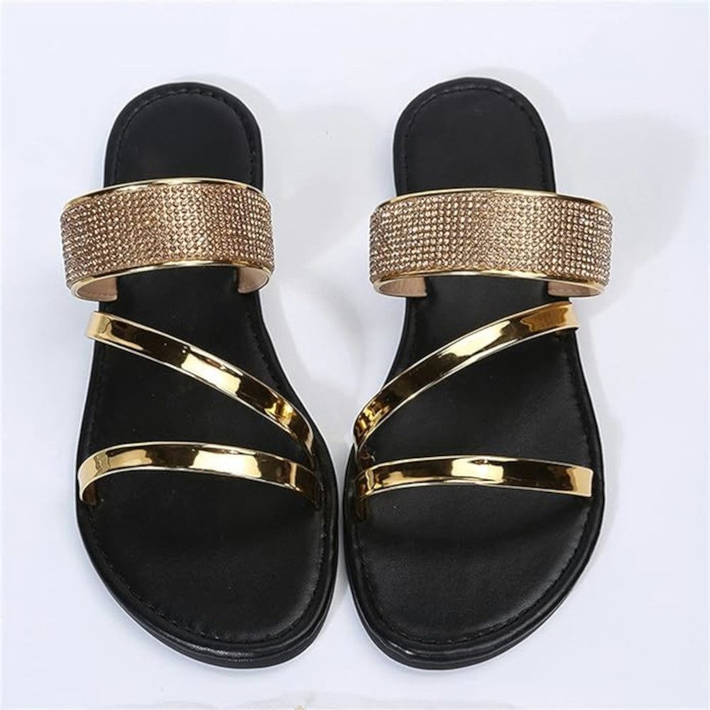 UE Stock Damen lässige Sandalen Sandale mit Strass Gr. 37 Schwarz Gold Pantoffel für luxuriösen Touch im Outfit
