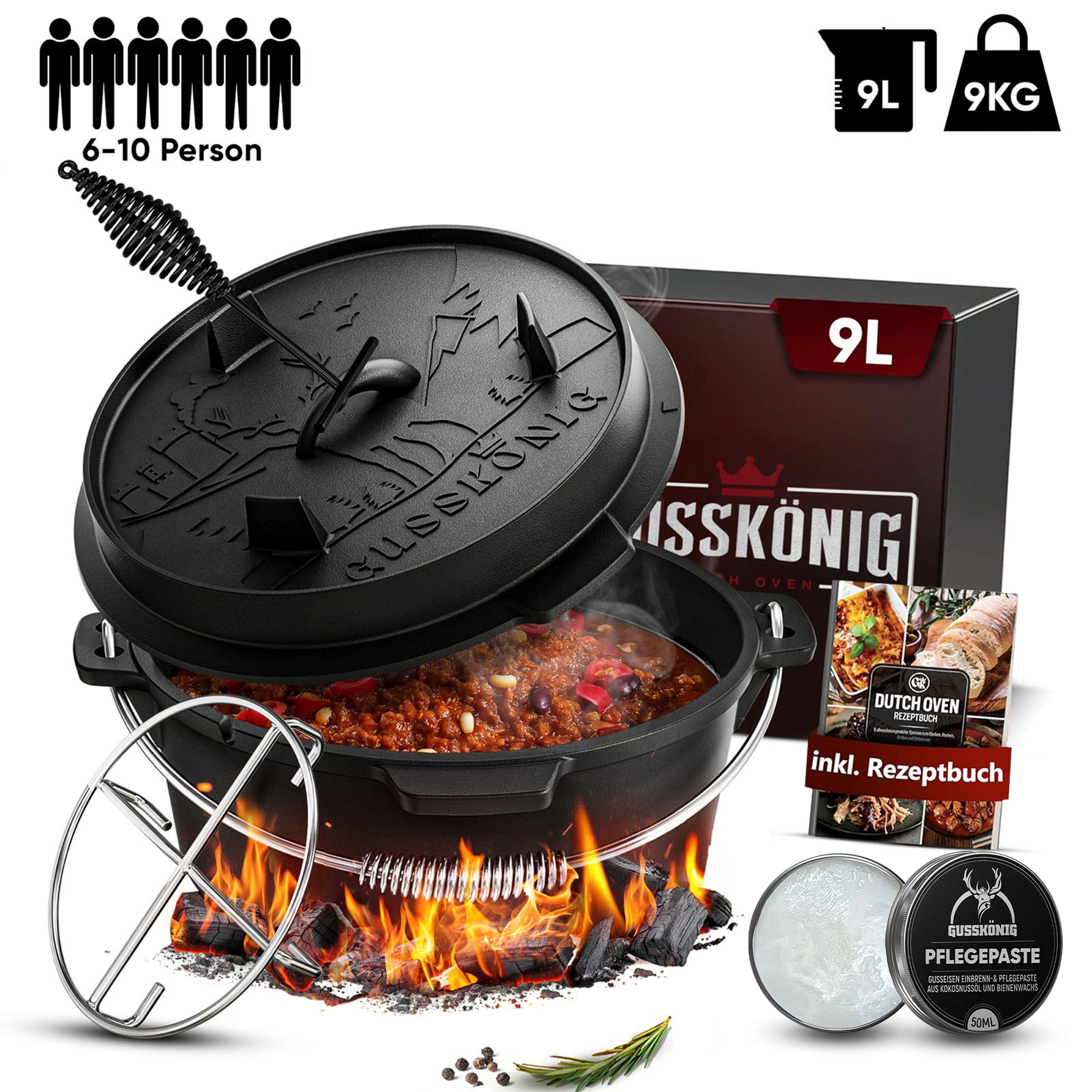 GUSSKÖNIG Grilltopf GUSSKÖNIG Dutch Oven Klassisch Topf ohne Füßen 9Liter Set