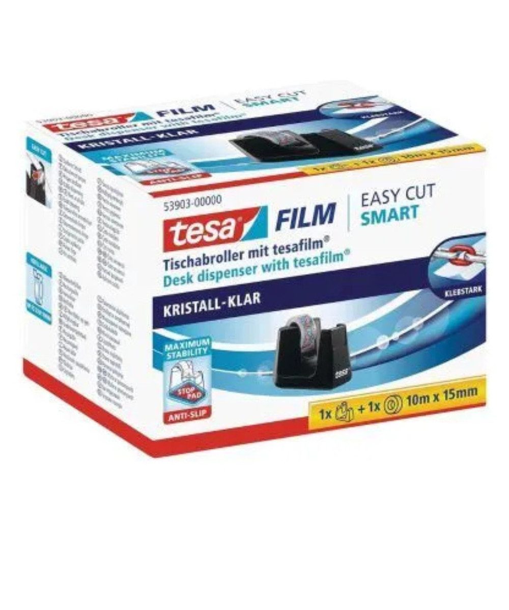 tesa Klebeband Tischabroller Easy Cut® Smart, schwarz, inkl. 1 x Klebefilm kristall (packung, 1-St., Tischabroller) Passt für Kerne mit Ø 26 mm