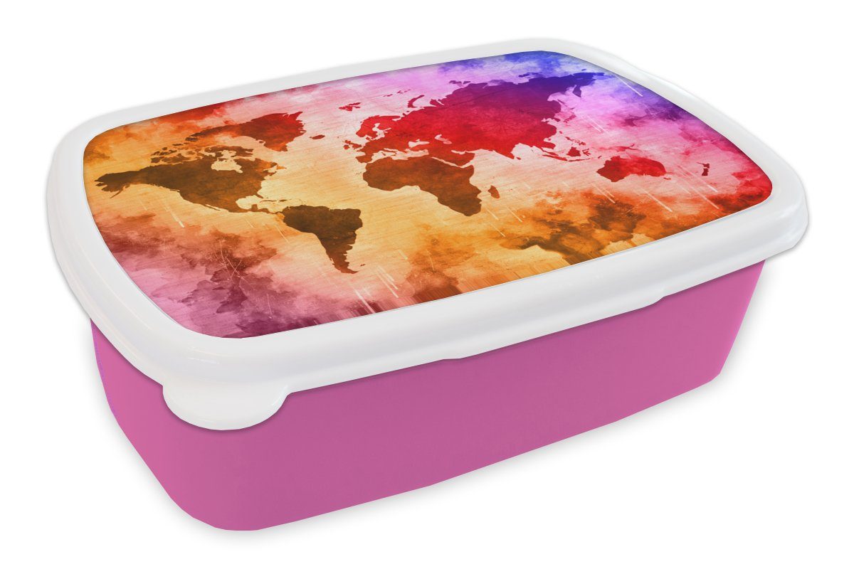 MuchoWow Lunchbox Weltkarte - Farbe - Abstrakt, Kunststoff, (2-tlg), Brotbox für Erwachsene, Brotdose Kinder, Snackbox, Mädchen, Kunststoff rosa