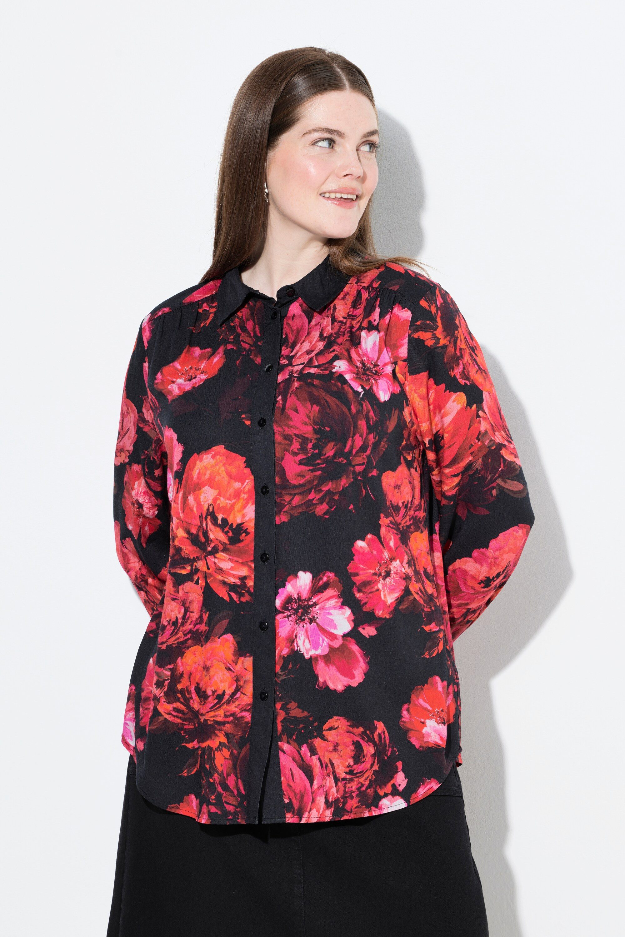 Ulla Popken Hemdbluse Hemdbluse Rosen Hemdkragen Langarm