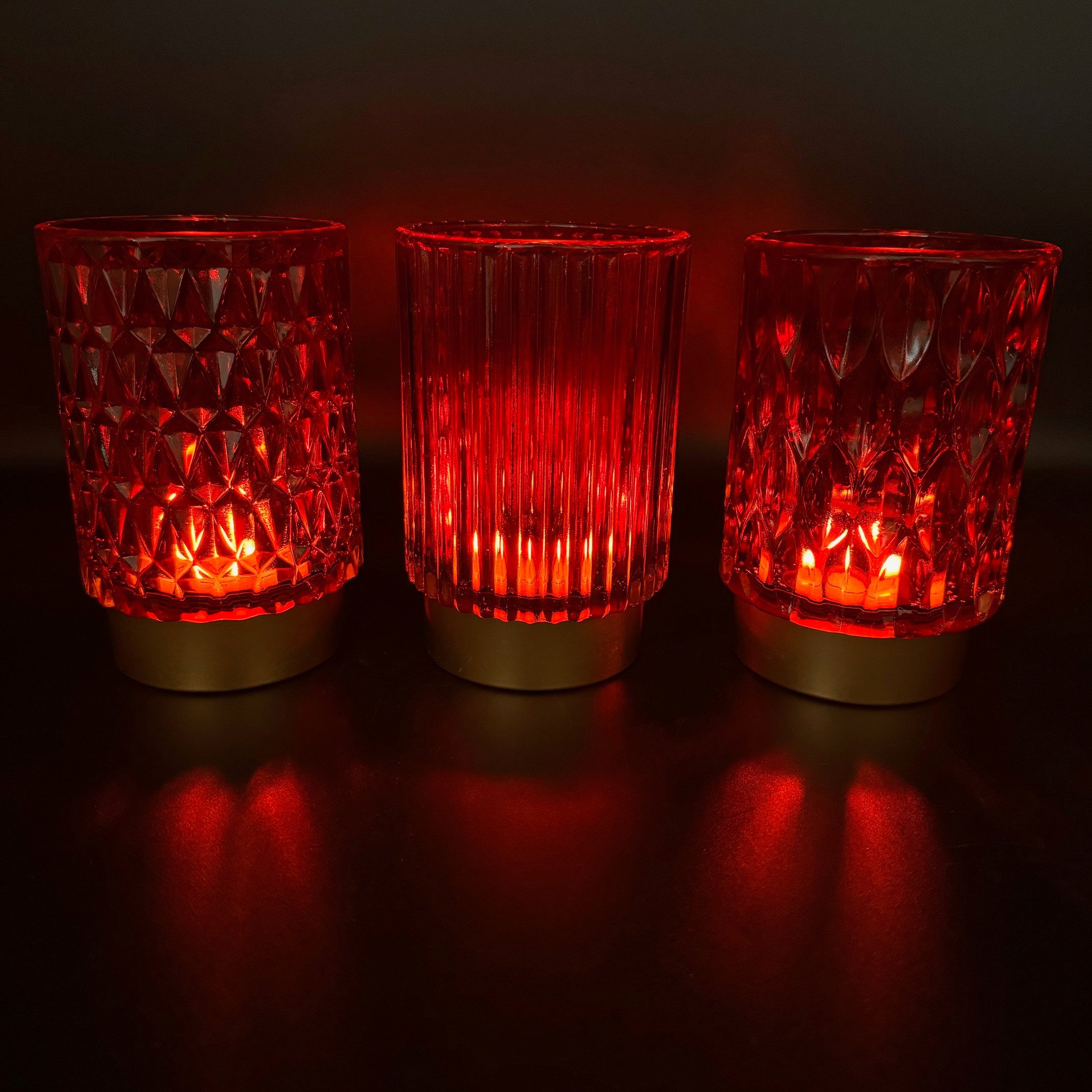 Teelichthalter - 3er Set Kerzenständer, Windlicht aus Glas in Rot, Gold