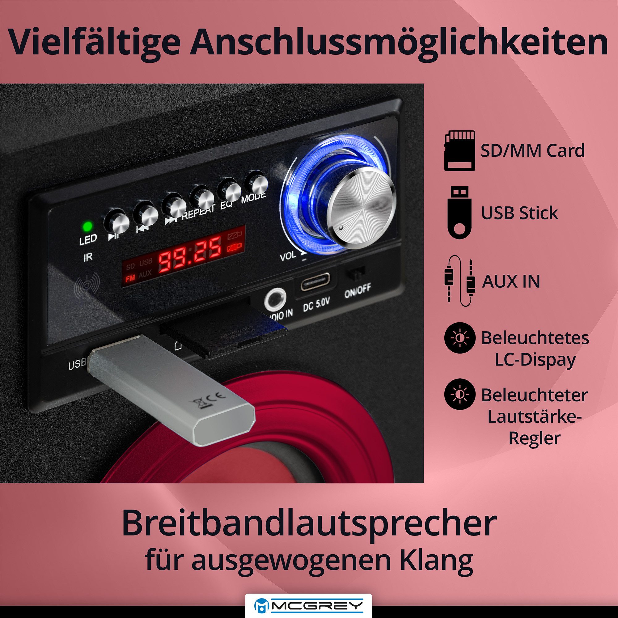 McGrey Tragbarer Speaker für vielseitigen Einsatz inklusive Fernbedienung - Bluetooth-Lautsprecher (6 W, FM-Radio mit 30 speicherbaren Senderplätzen integriert)