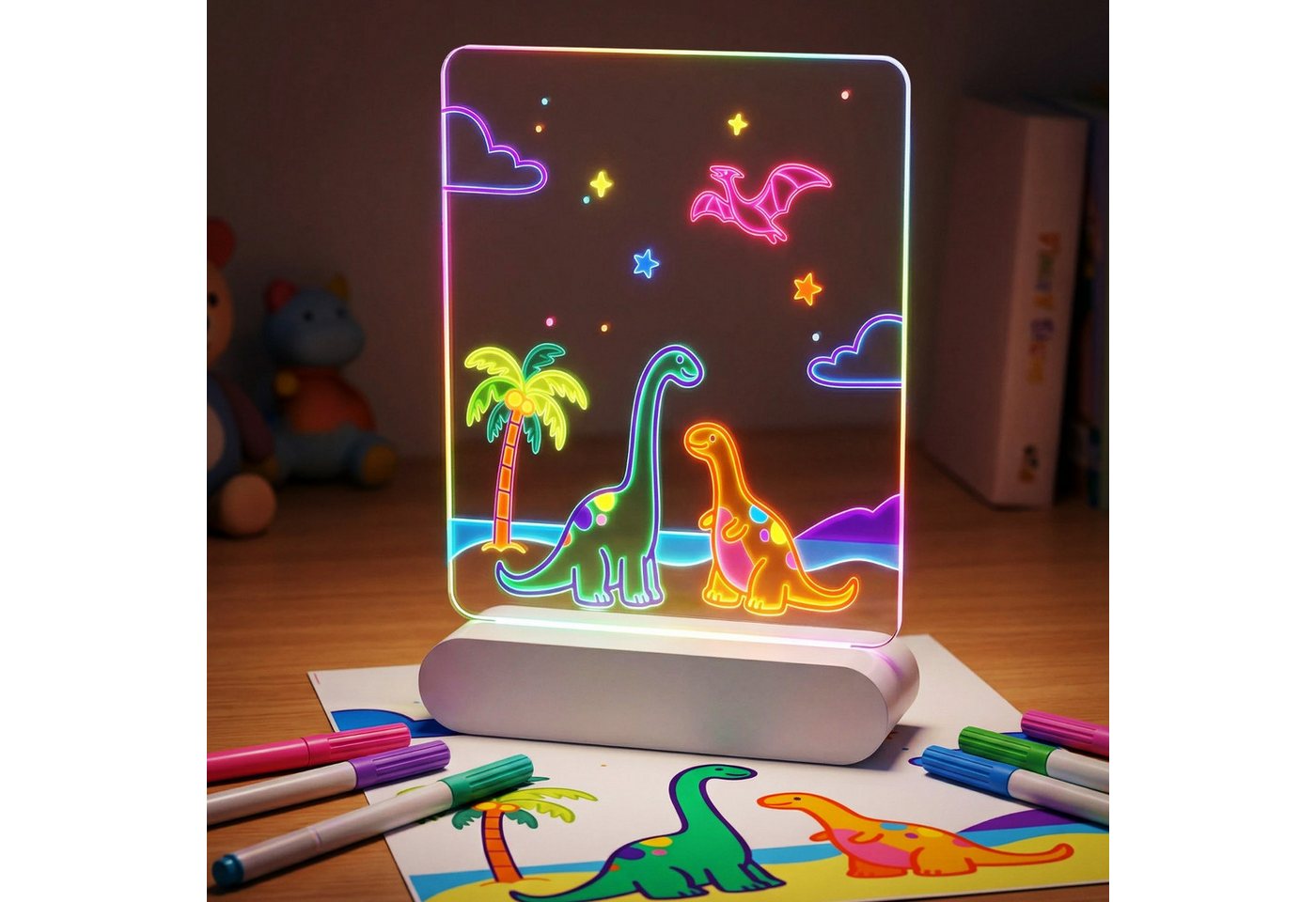 ANYSUN Memoboard LED Maltafel Kinder mit Licht, wiederaufladbares Zeichenbrett, (Leuchttafel zum Nachzeichnen, 1-tlg., Acryl Doodle mit Farben Stift & Story-Papier, Ständer), abwaschbare Zeichentafel