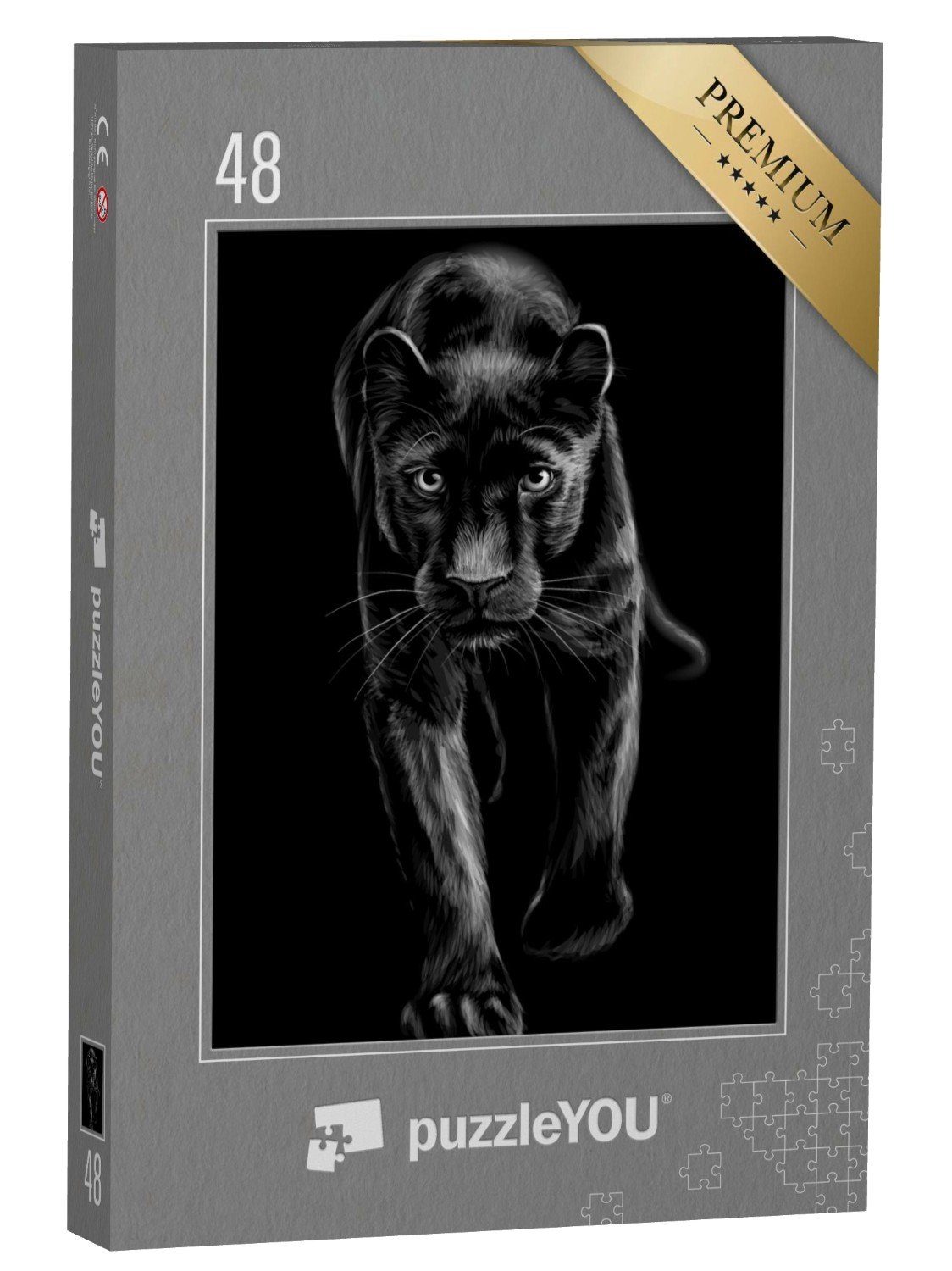 puzzleYOU Puzzle Panther: skizzenhaftes, schwarz-weiß Porträt, 48 Puzzleteile, puzzleYOU-Kollektionen Panther, Tiere in Dschungel & Regenwald