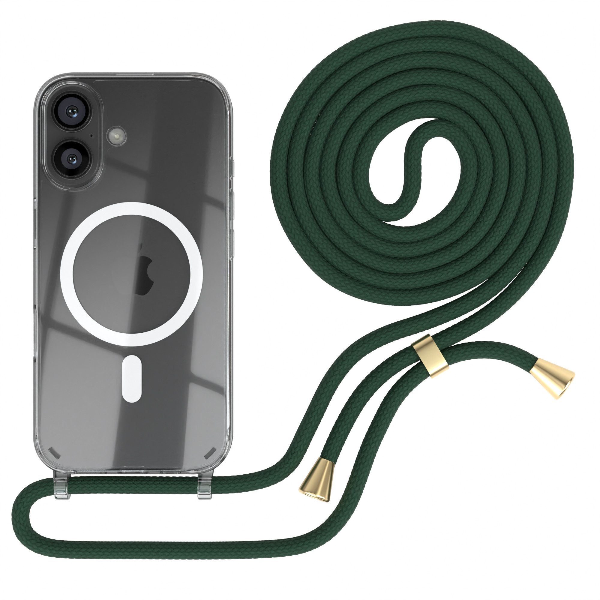 EAZY CASE Handykette mit Magsafe Hülle für Apple iPhone 16 6,1 Zoll, Handykette zum Umhängen Ladehülle mit Kordel Rundes Band Grün Gold